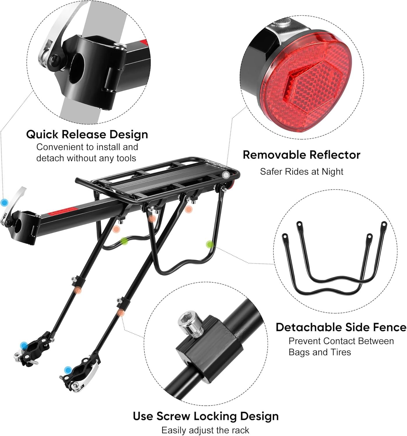 DazSpirit Rear Bike Rack, Adjustable Bicycle Rear Cargo Rack, MTB Rear Rack, Bike Rear Seat Luggage Rack, Quick Release, Load 60kg, Aluminum Alloy Material with Reflector for Cycling Camping Touring - Image 5