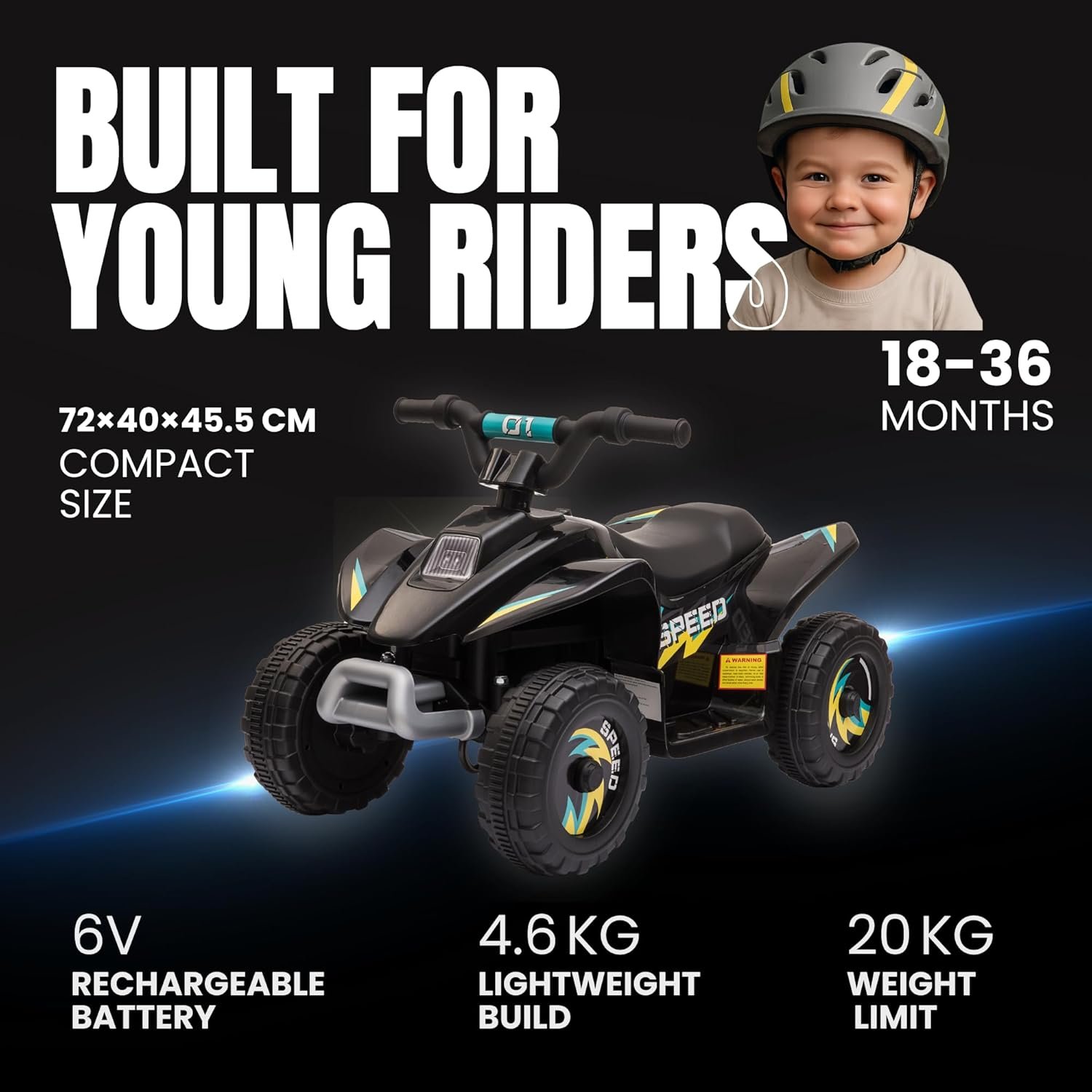 Straame 6V Electric Ride-On Quad Bike ATV for Toddlers Ages 18-36 Months, Forward/Reverse, 4-Wheel Design, 1.9-3.8 km/h Speed, 72×40×45.5 cm (Black) - Image 3