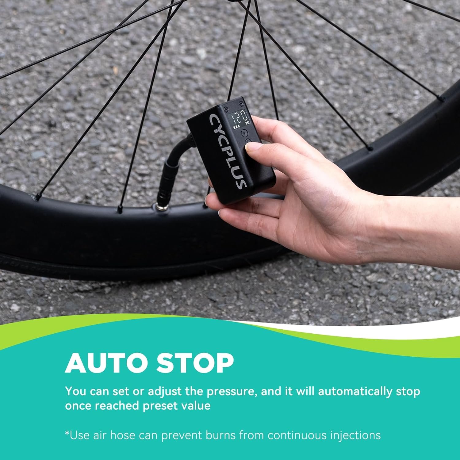 CYCPLUS Tiny Bicycle Pump with Gauge, Max 120 PSI Electric Bicycle Pump, Auto Stop, with Presta and Schrader Valve for E-Bike, Mountain, City and Road Bike AS2 PRO(2025 Updated Version) - Image 5