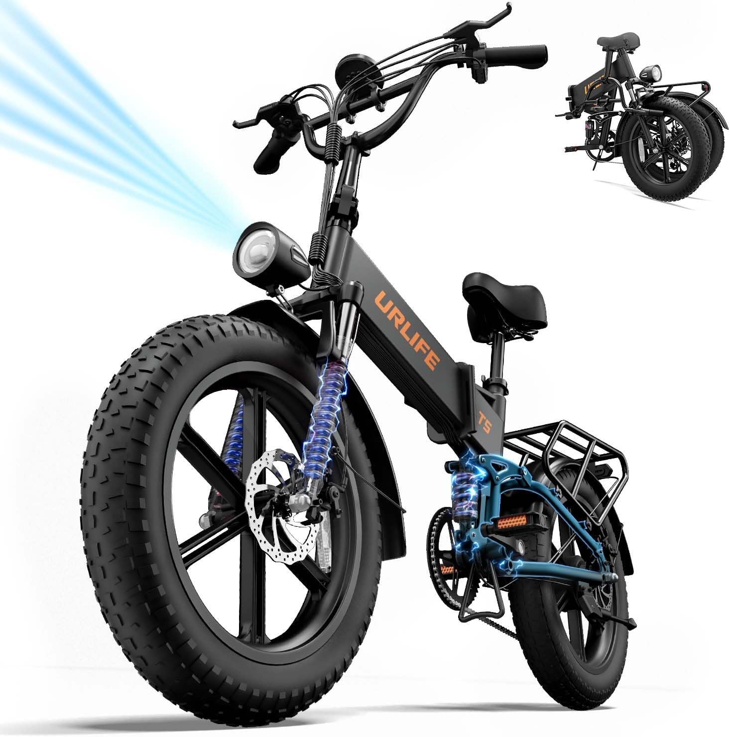 URLIFE Folding Electric Bike, 20 * 4.0 Inch Fat Tire E-Bike for Adult 48V 13AH Removable Battery, 80-100KM Long Range, Full Suspension for All Terrains, Electric Mountain Bike with LED