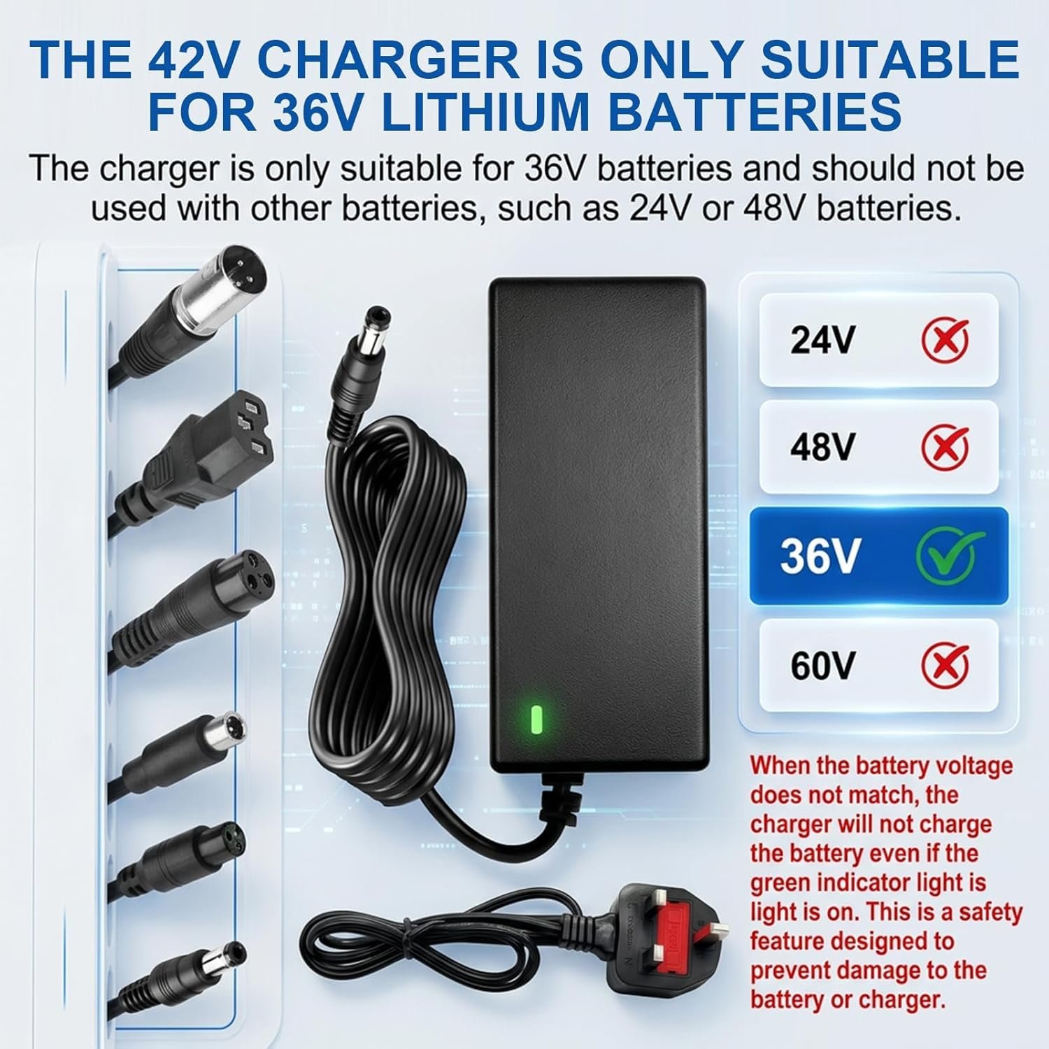 Electric Scooter Charger, 42V 2A Hoverboard Charger UK 3 Pin 36V Universal lithium Batterie Charger with 6 Connectors Electric Bike Chargers e Scooter Chargers for Balance Mobility Scooter Hoverboard - Image 6
