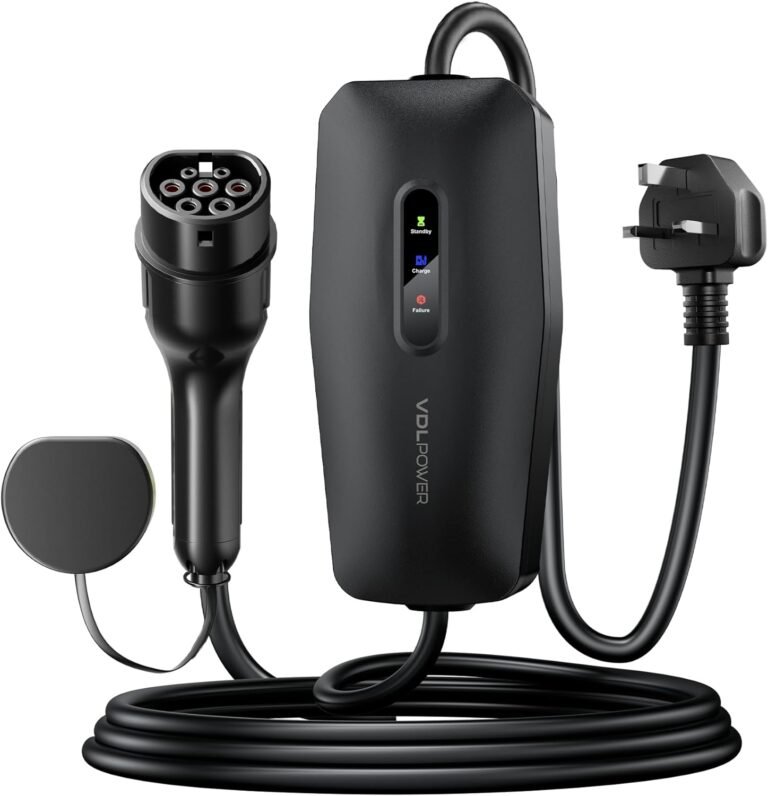 EV Charger 3kW Type 2 to 3 Pin Plug, 13A 230V Portable EV Car Charger with 10M Cable, LED Status Indicators, IP65 Waterproof Electric Vehicle Charging Cable for EVs & PHEVs