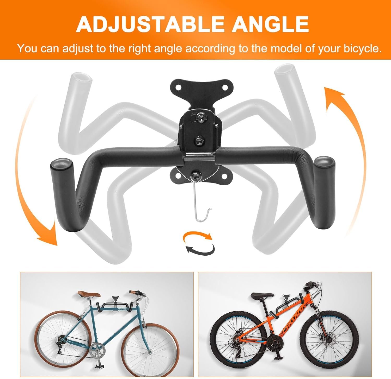 2PCS Bike Wall Mounts Cycling Rack Hanger Space-Saving Bicycle Storage Rack for Indoor Garage Wall Holder Hook for Road Mountain Hybrid Bikes (Black + Silver) - Image 2