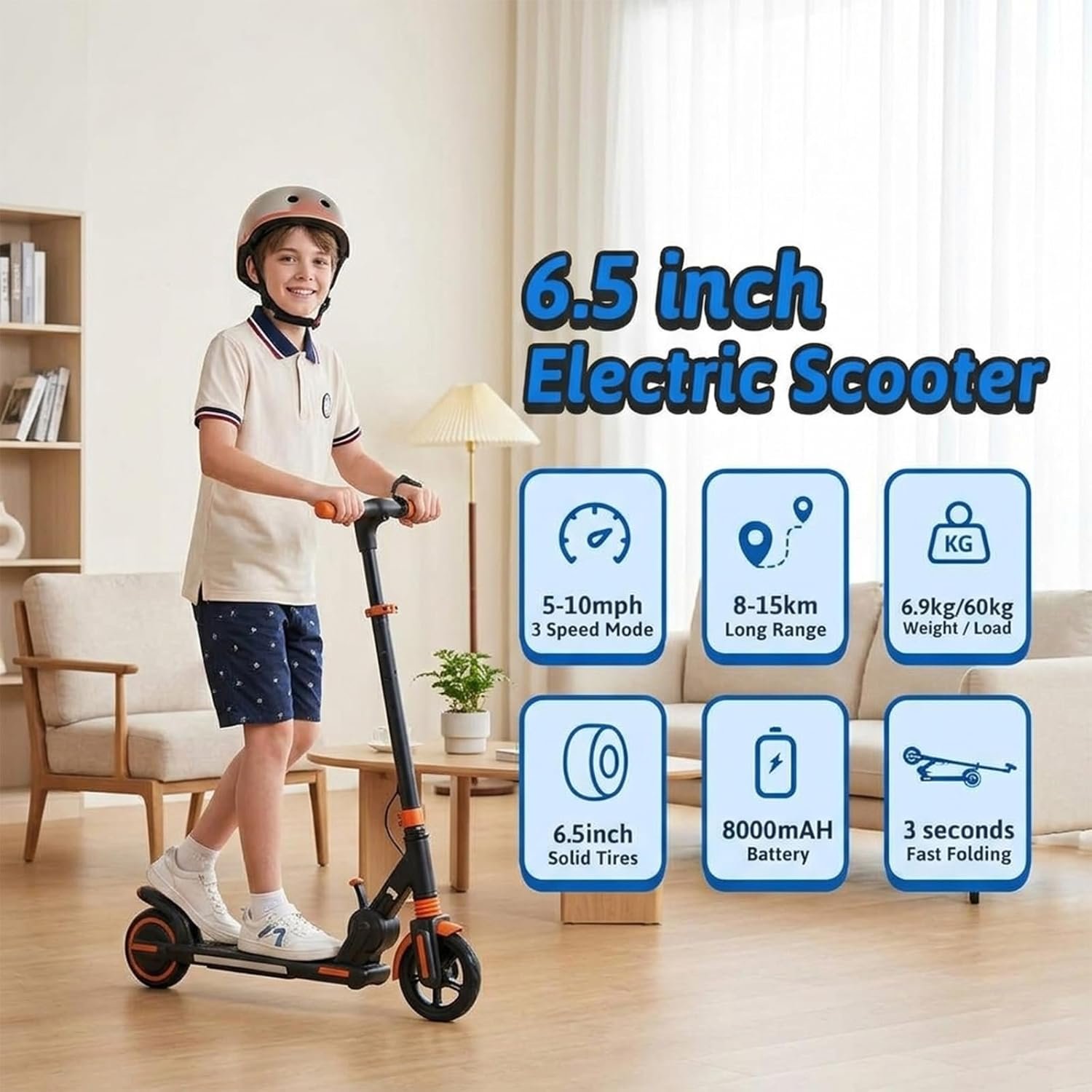 Kids Electric Scooter with 15km Range,6.5" Solid Tires,150W Motor, Foldable Aluminium Frame, Max 16km/h, Adjustable Height 75–100cm, LED Side Lights, Dual Brake System - Image 2