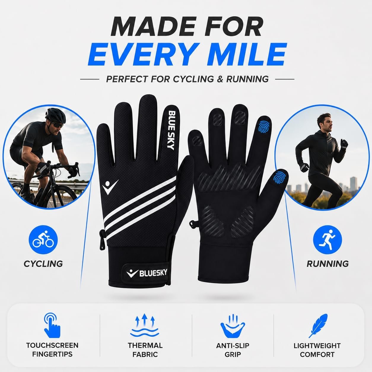 Full Finger Winter Cycling Gloves for Men & Women – Thermal Warm Windproof Water Resistant Running Gloves Touchscreen Compatible Anti-Slip Padded Palm Running, Cycling & Outdoor Gloves - Image 7