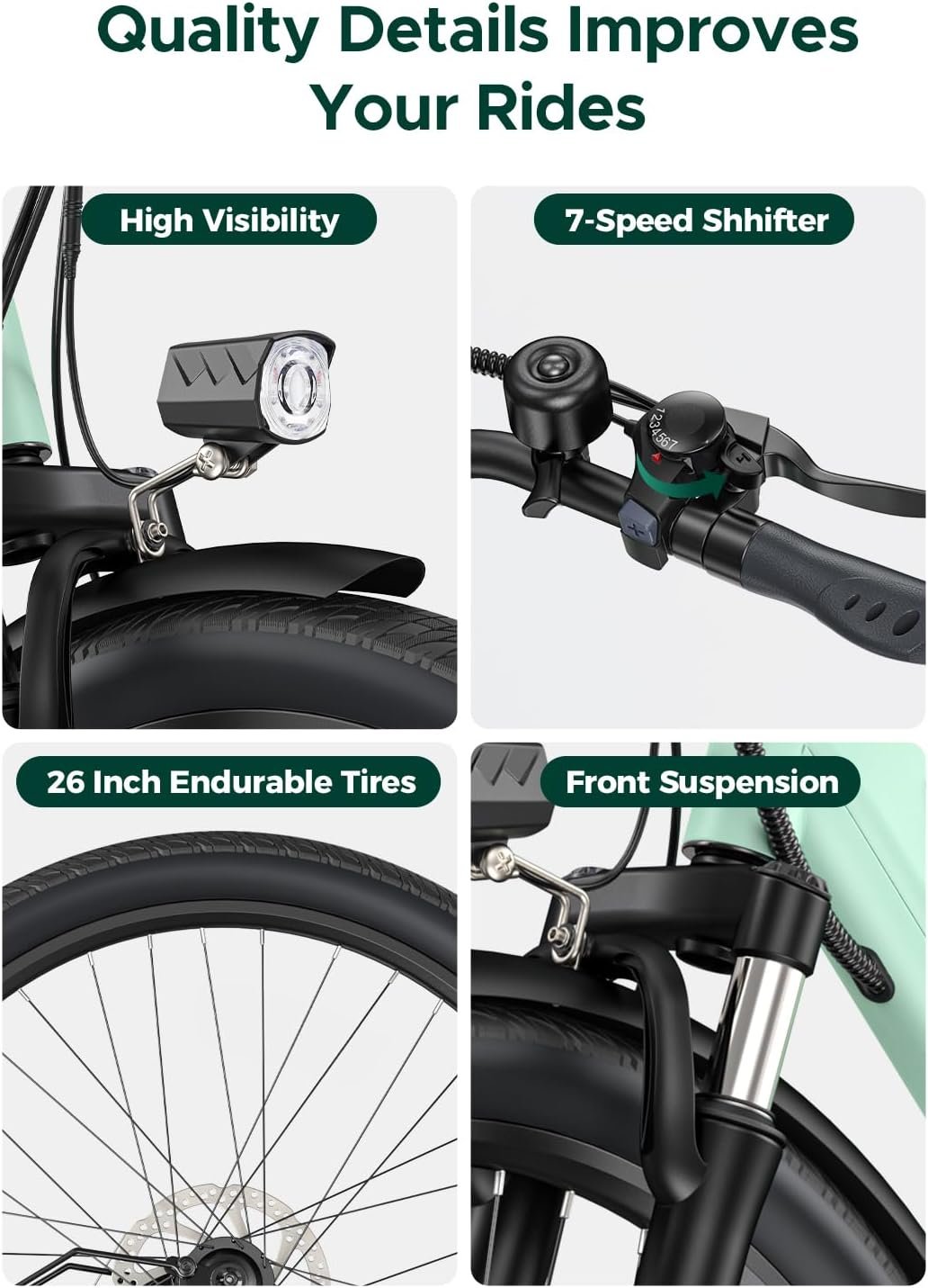 HillMiles MileCity1 26" Electric Bike for Adults, 7 Speed Electric Bicycle with 36V 13Ah Removable Battery, 25km/h & 80-100km Range E Bike for Urban Commuters with Rear Rack, IP65 Waterproof - Image 7