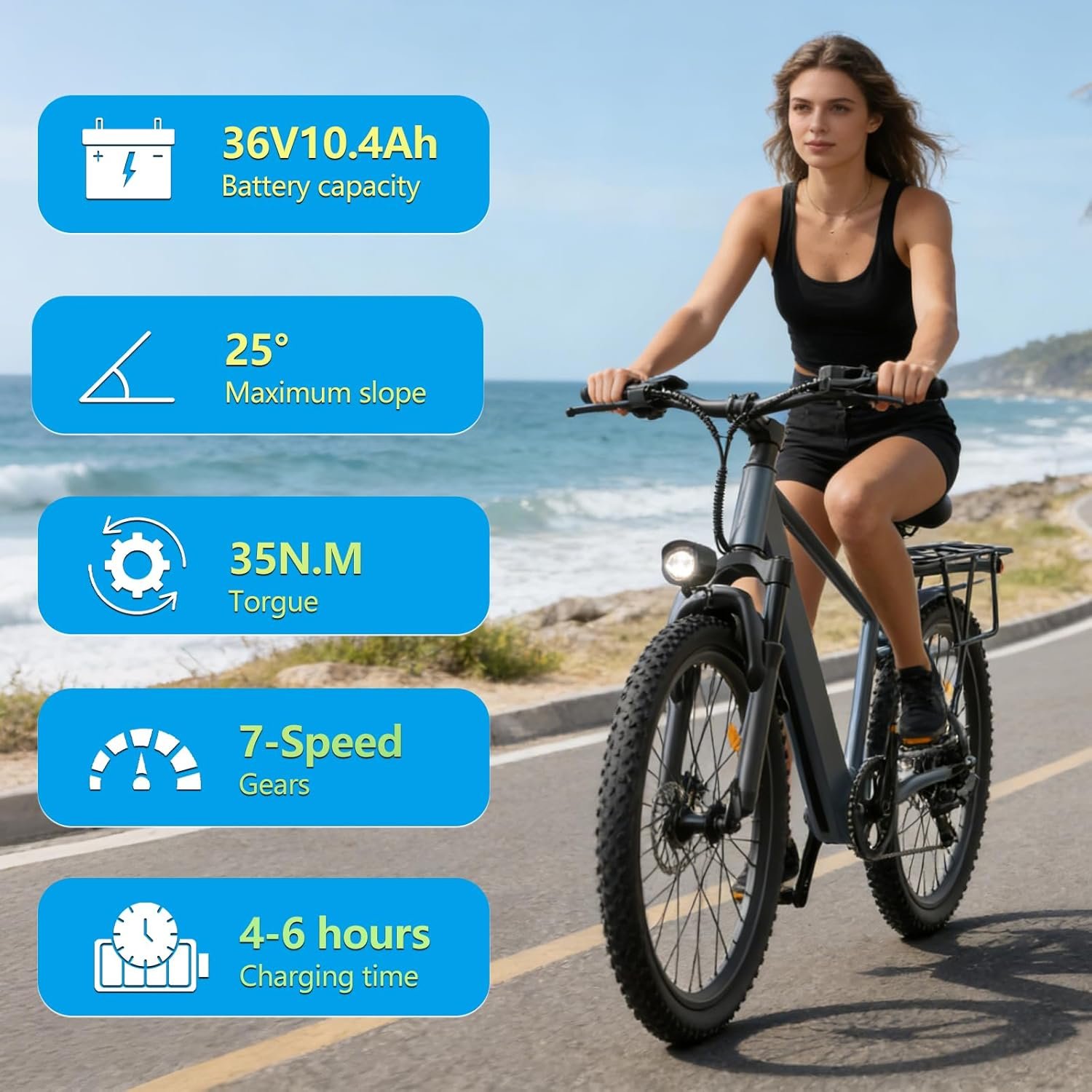 26" Electric Bike for Adults, 36V 10.4Ah Battery 250W Powerful Motor Ebike with LCD Display, 7-Speed Gear System 3 Riding Mode Electric Mountain Bikes, E-bike for Commuting - Image 3
