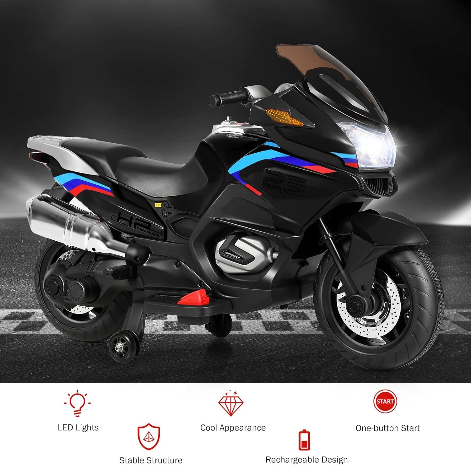 COSTWAY Kids Ride on Motorcycle, 12V Electric Ride On Bike with Training Wheels, LED Lights, Music, Forward/Backward Function, Battery Powered Motorbike for Boys Girls (Black) - Image 5