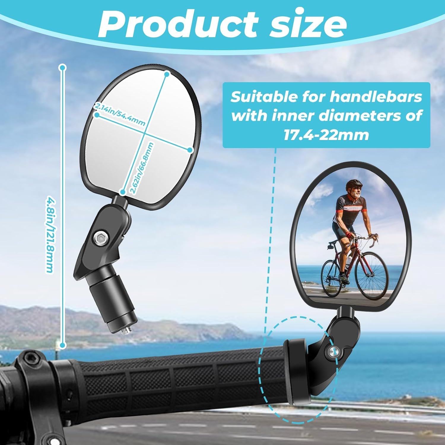 Bike Mirrors, 360 Degree Adjustable Bar End Rear View Mirror with Reflective Sticker, HD Glass Convex Lens, Fits 17.4-22mm Handlebar for Electric Bicycle, MTB, Road Bike, Scooter - Image 2
