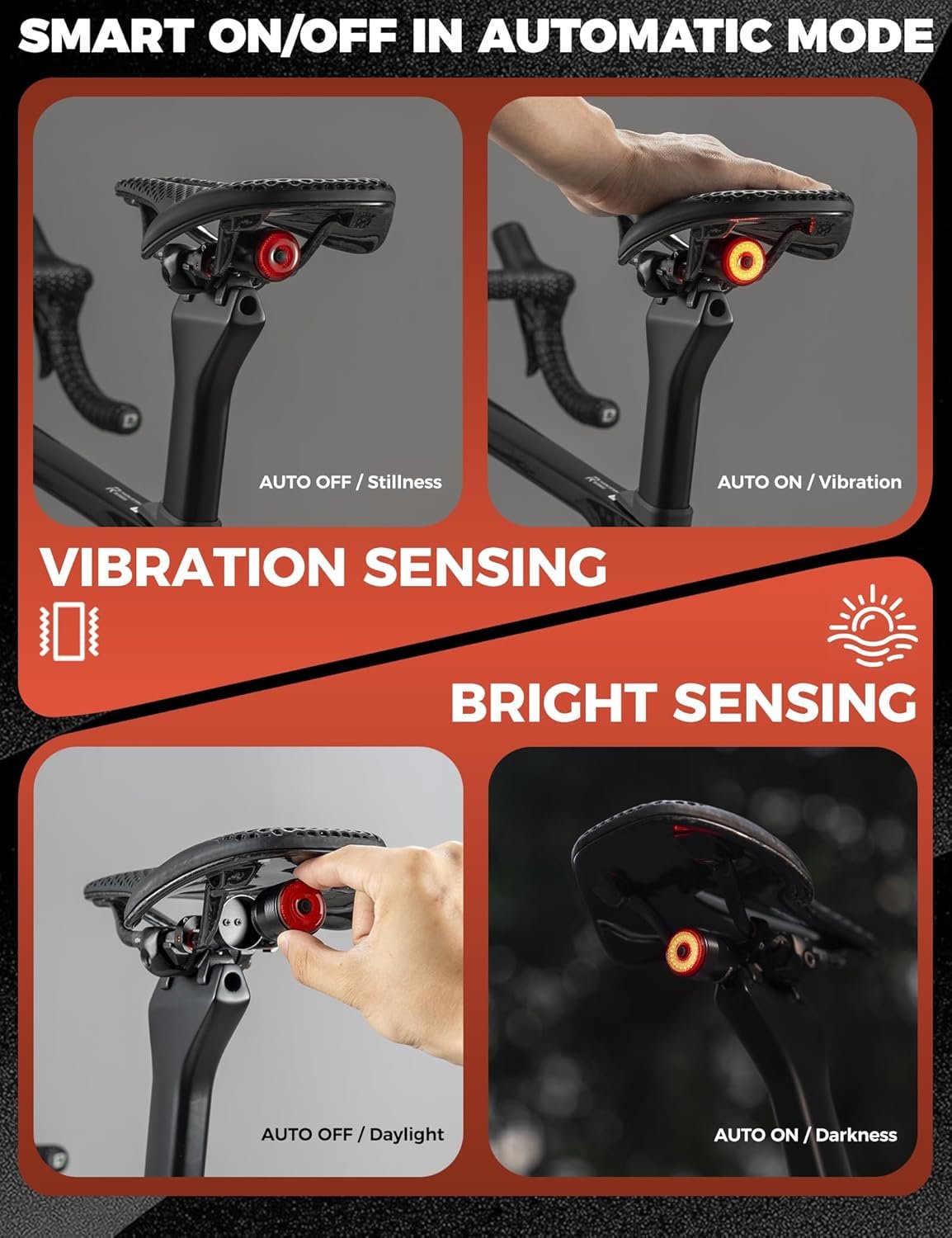 ROCKBROS Bike Tail Light, USB Rechargeable Smart Rear Light Bicycle LED Taillight,IPX6 Waterproof Ultra Lightweight Auto On/Off for Night Cycling MTB Road Bike Gravel - Image 6