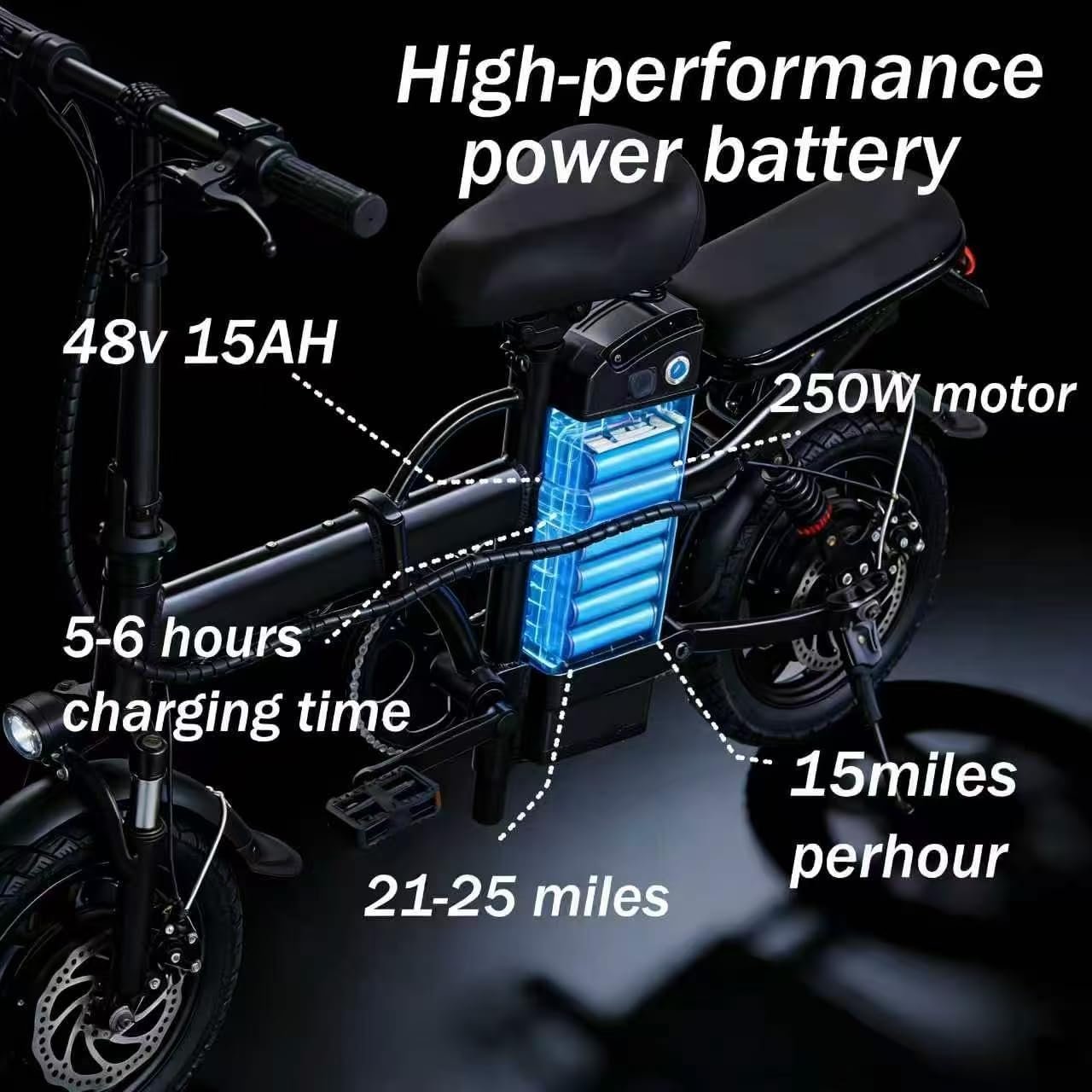 16" Folding Electric Bike, 250W Motor, 48V 15Ah Battery, 25KM Range, Height Adjustable, Commuter City Electric Bicycle with Removable Battery & Front Basket, E-Bike for Adults and Teens