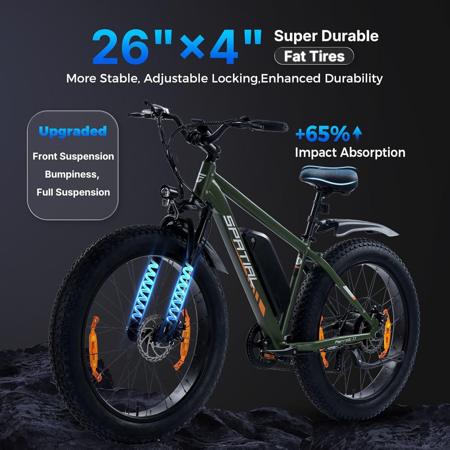 SPATIAL Electric Bike, 26" 4.0'' Fat Tire Mountain Ebike with 48V 13Ah 624 Wh Battery, Up to 104KM Range, 250W 80Nm Motor, LCD Display with 5 PAS, MTB for Adult Man and Woman - Image 5