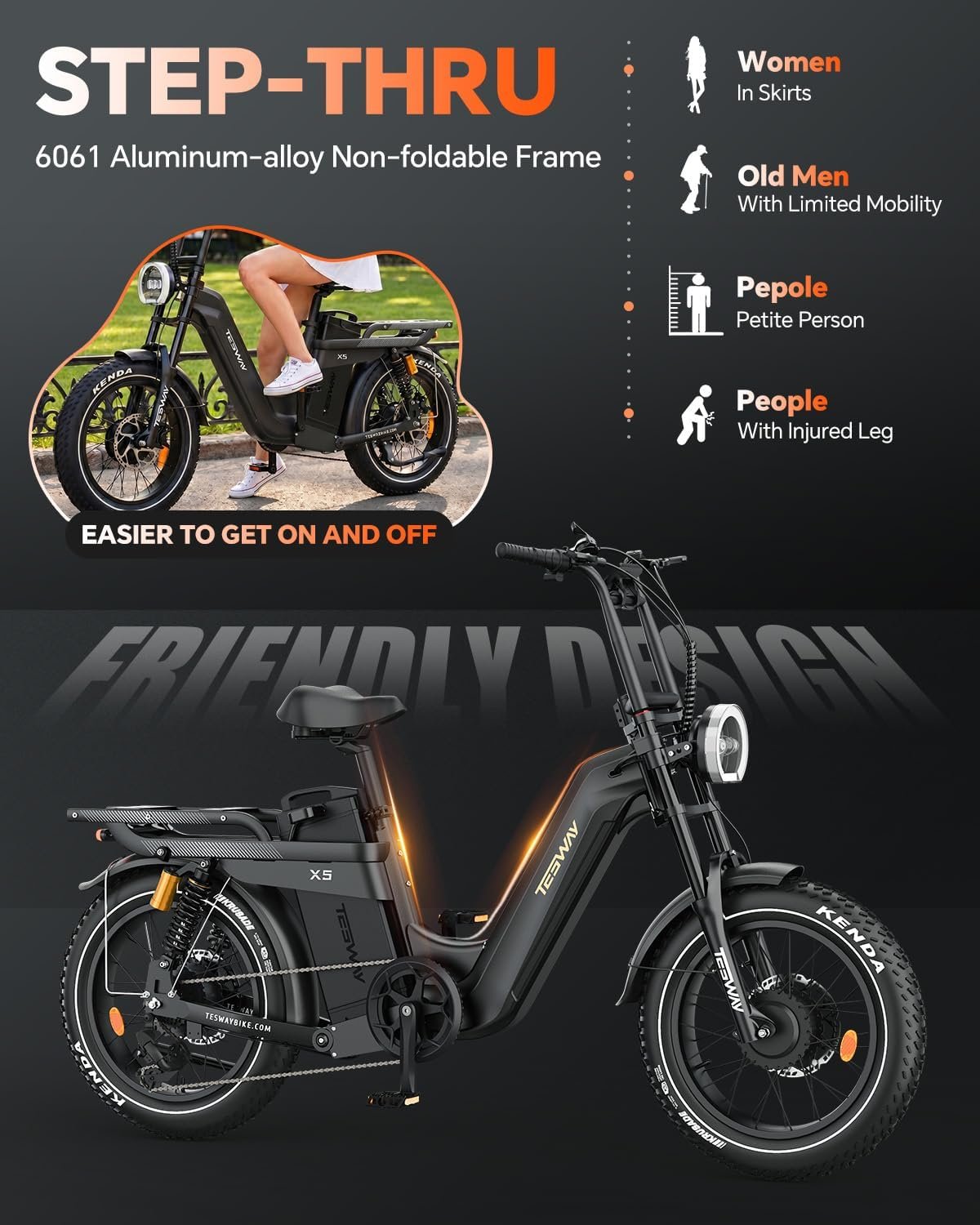 TESWAY X5AWD Electric Bike for Adults,52V 60AH Long Range Ebike,Dual Motor 20" Full Suspension Fat Tire E-bike, Dual Hydraulic Brake, 7-Speed Colorful LCD Display Electric Bike - Image 4