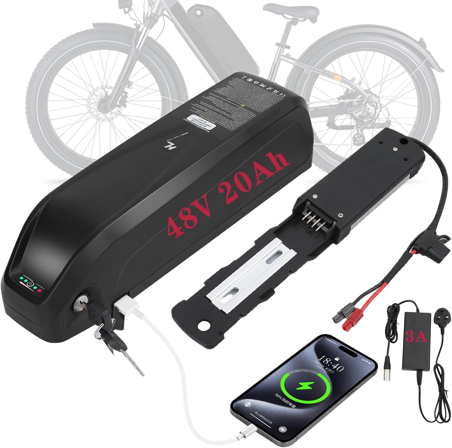 R TEAM Ebike Battery 48v 20AH with 3A Charger, USB Port,Built in Samsung 50GB Cells,Lithium Electric Bike Battery for Rear or Front 30A 17A Controller Motor (Bafang, AW, KT most ebike conversion kit)