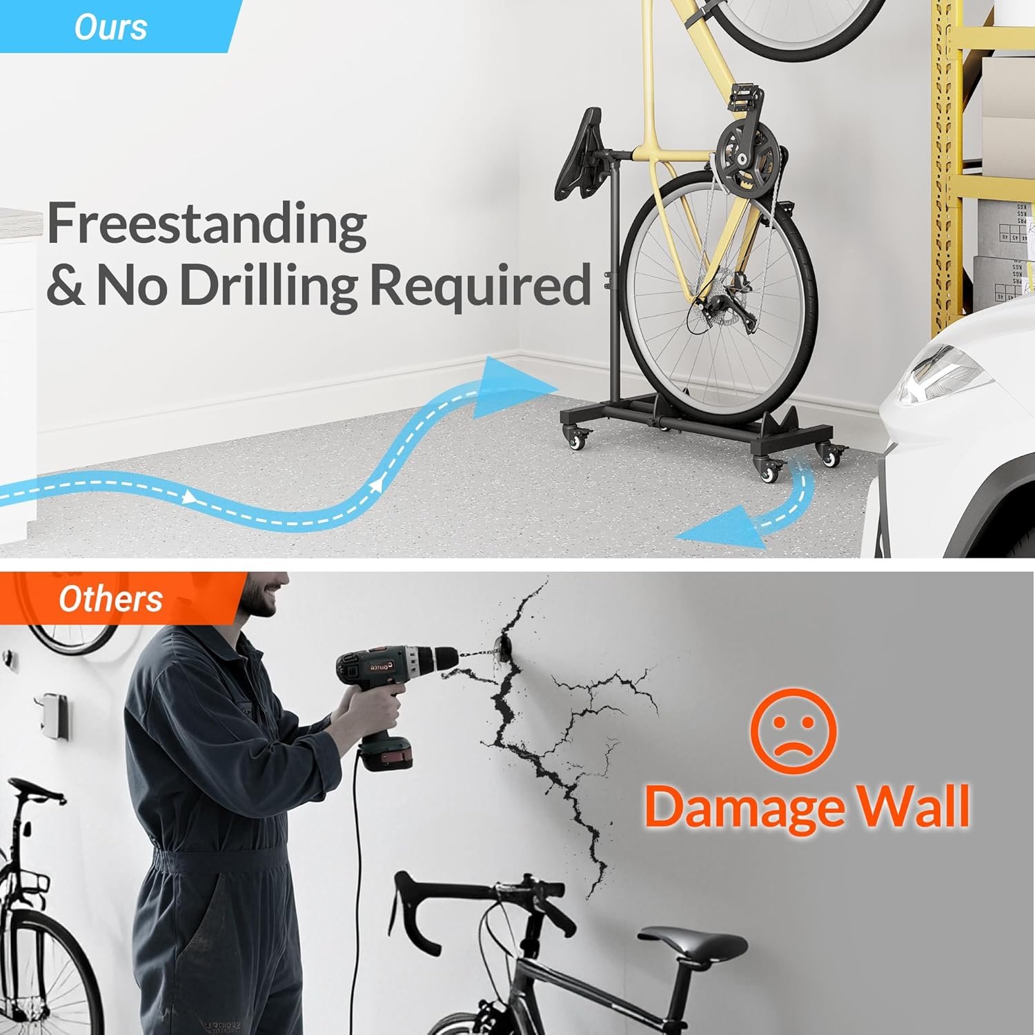 Sttoraboks Freestanding Vertical Bike Storage Stand with Wheels, Stable Floor Bike Racks for Garage/Apartment, Indoor Cycle Storage Rack, Adjustable Height, No Drilling Required, Max 10cm Tire Width - Image 4