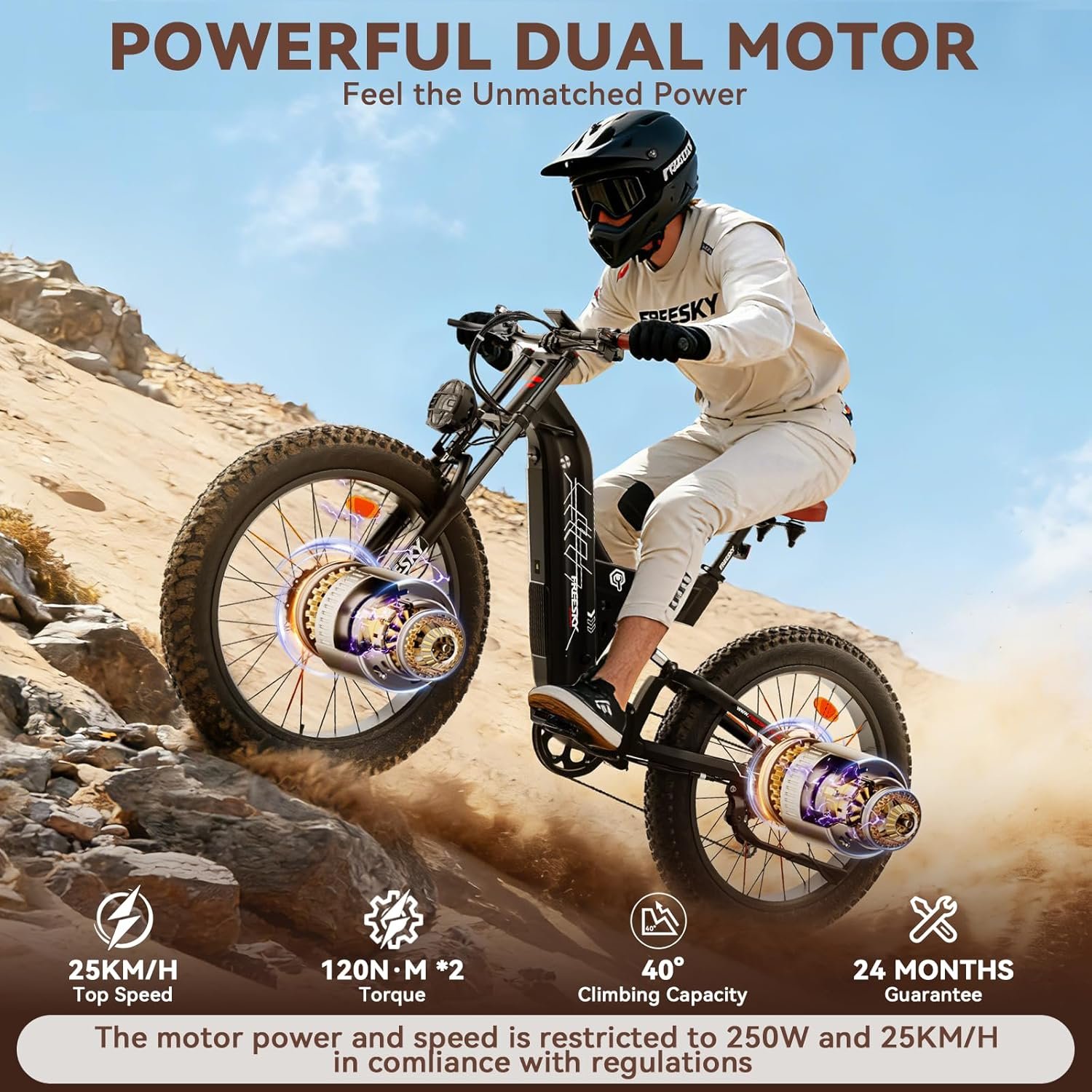 FREESKY Dual Motor Electric Bike for Adults, 48V 30Ah Samsung Cells Battery 190KM Long Range AWD Mountain E-Bike, 26" Fat Tire Electric Bicycle Full Suspension & Hydraulic Disc Brake Warrior Pro - Image 3