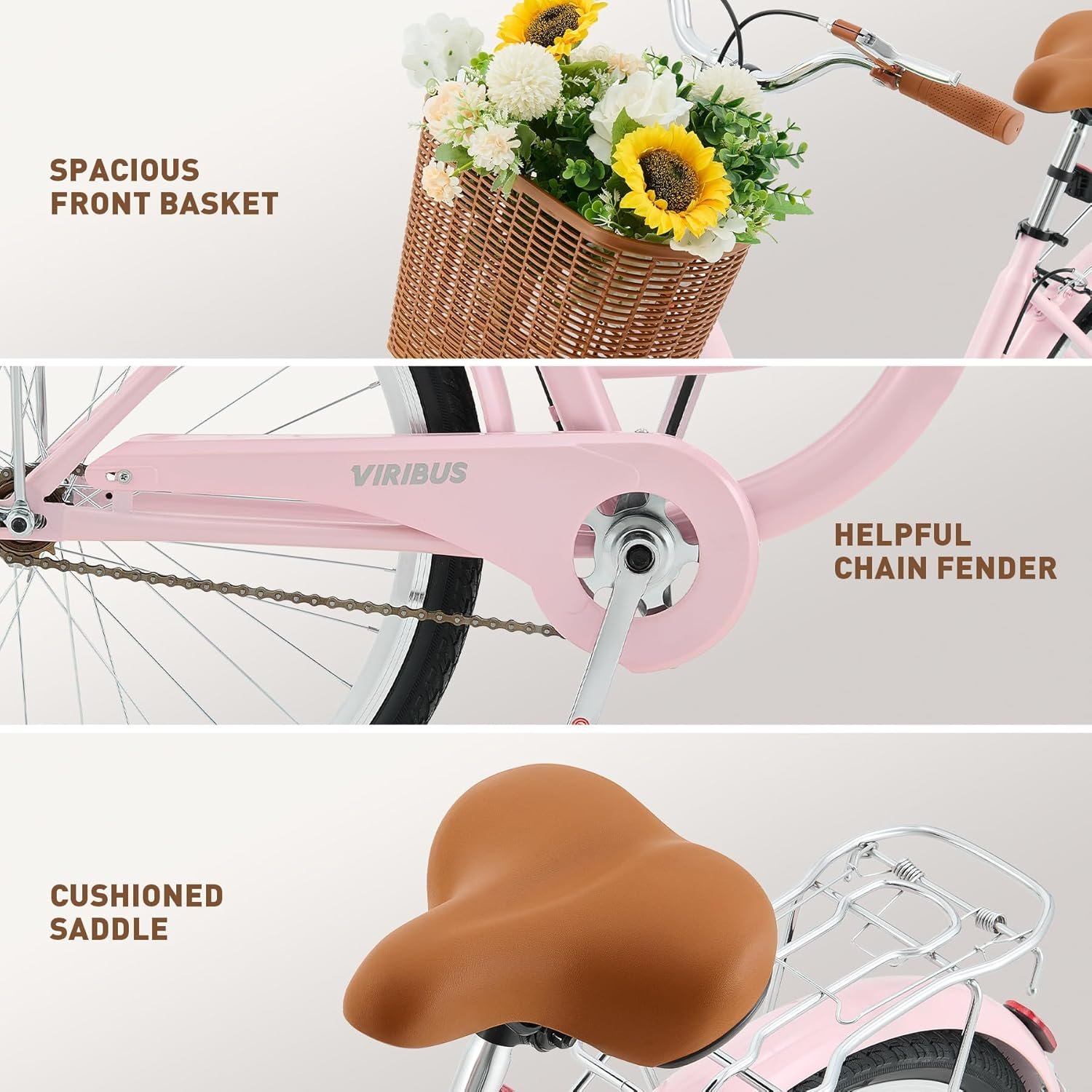 Viribus 24 Inch Vintage Ladies Bike with Basket, Dutch Style City Bicycle with Carbon Steel Frame, Dual V Brakes, Single Speed Women's Comfort Bike with Adjustable Seat and Handlebars - Image 7