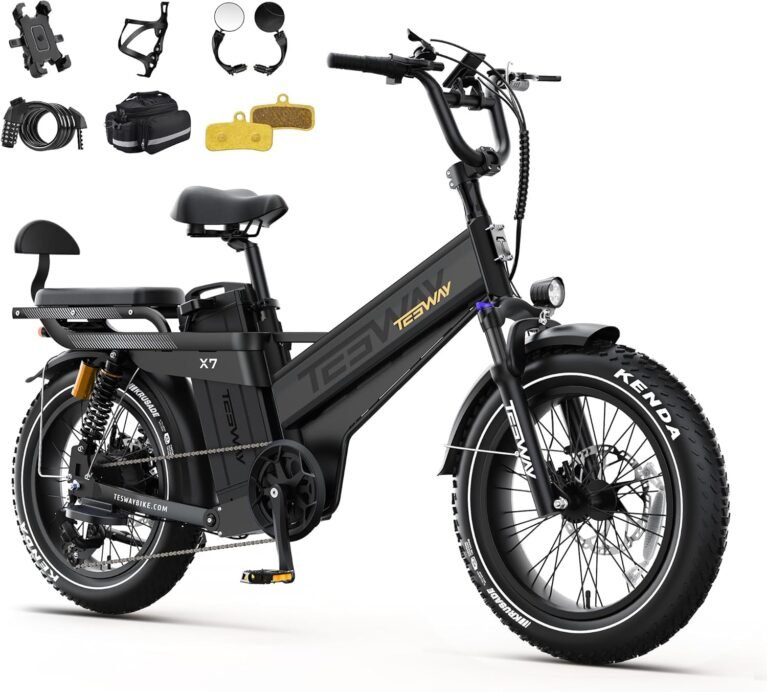 TESWAY X7PRO Electric Bike for Adults,52V 60AH 320KM Long Range Ebike,20" Full Suspension Fat Tire E-Bike, Dual Hydraulic Brake, 7-Speed Colorful LCD Display Electric Mountain Bike(Step Over)
