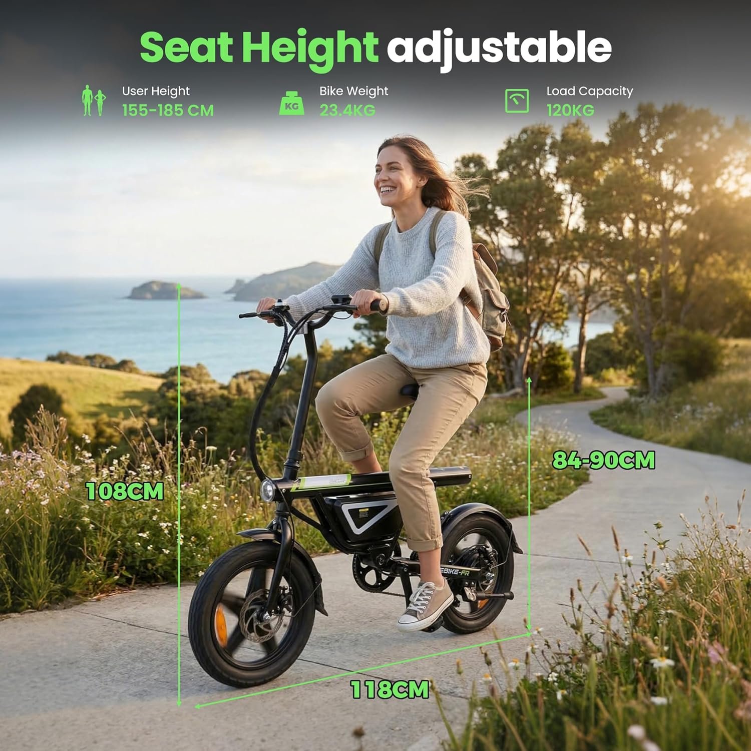 Finbike EB1S Electric Bike for Adults Teens, 14" Commuter E Bike with APP Control, 36V 12Ah Battery with Customisable LED Light, 50KM Range & 25KM/H Speed - Image 7