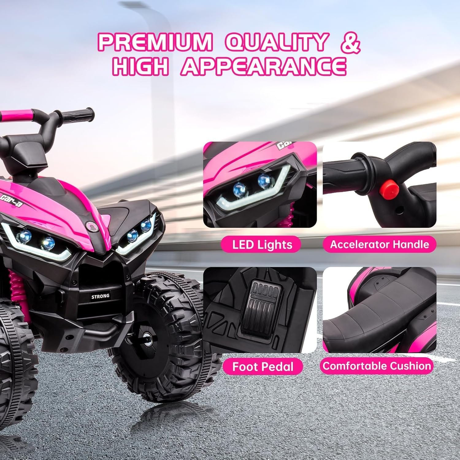 12V Kids Electric Quad Bike with Remote Control, 35W Motor & Metal Body, Ride on ATV Electric Vehicle Toy Car with Music, LED Lights, Horn for Boys Girls Ages 3-8 (83 x 53 x 56 cm) - Image 2