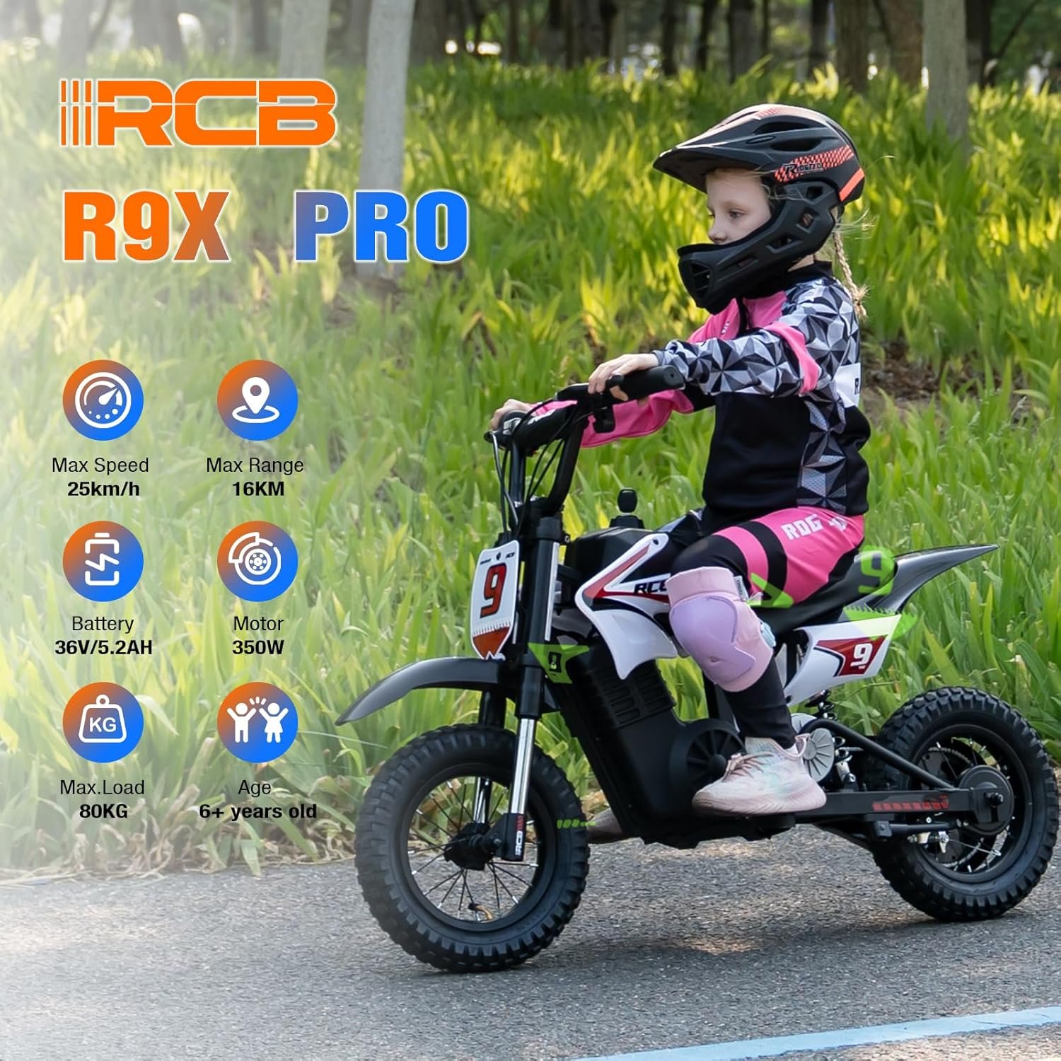 RCB R9X PRO Kids Ride On Motorcycle, Electric Motorbike with 350W Motor, 6.2/9.3/15.5mph Speed Modes & 9.94Miles Long Range, Ambient lighting, Dual Suspension, 12" Motor Cross for Kids Aged 6+ - Image 2