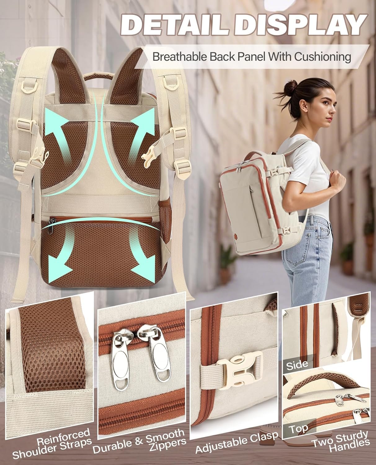 VANKEV Ryanair Cabin Bag 40x20x25 Underseat 20L Travel Bag Hand Luggage Backpack Carry-ons Bag Cabin Size Suitcases for Airplanes Flight Bag Travel Ruscksack Fit 14 Inch Laptop Beige - Image 5