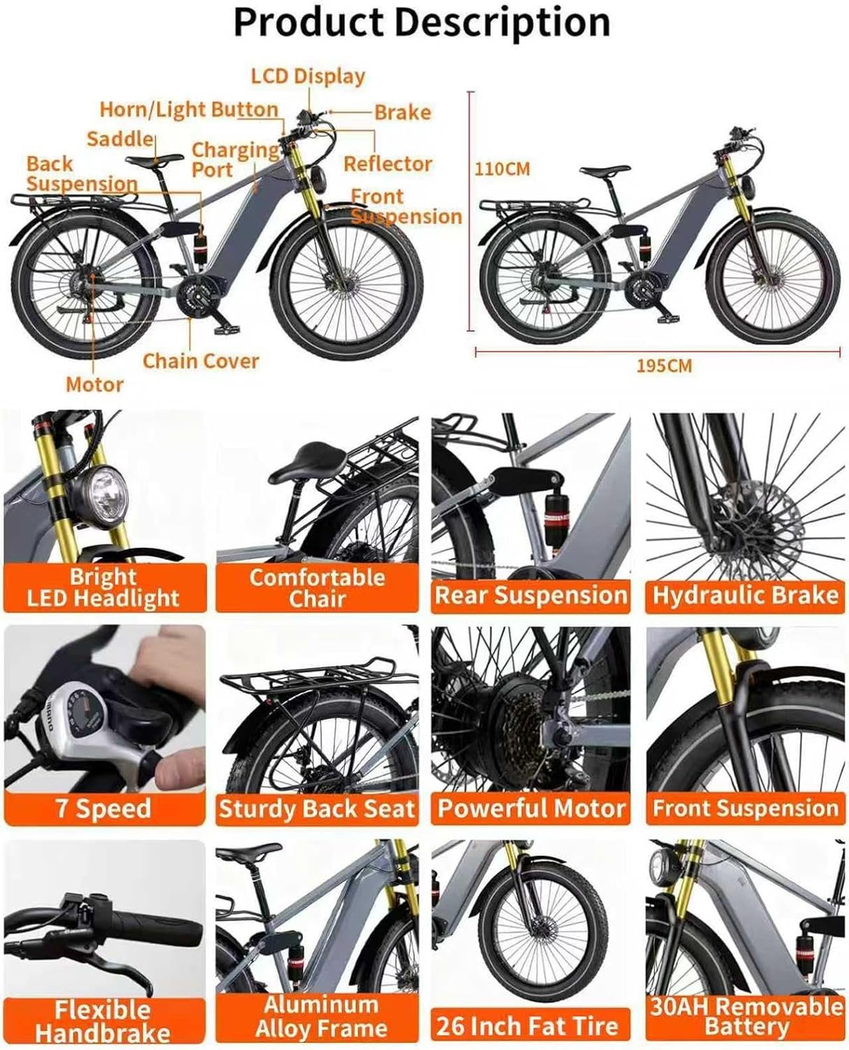 Rexhan 26” Electric Bike, 26 Inch E Hybrid Bike, 48V 20AH Removable Battery, Powerful Motor, Throttle, Dual Suspension, Hydraulic Brakes, 60-80 KM Range, Aluminium Frame, Cruise Control, Headlight - Image 2