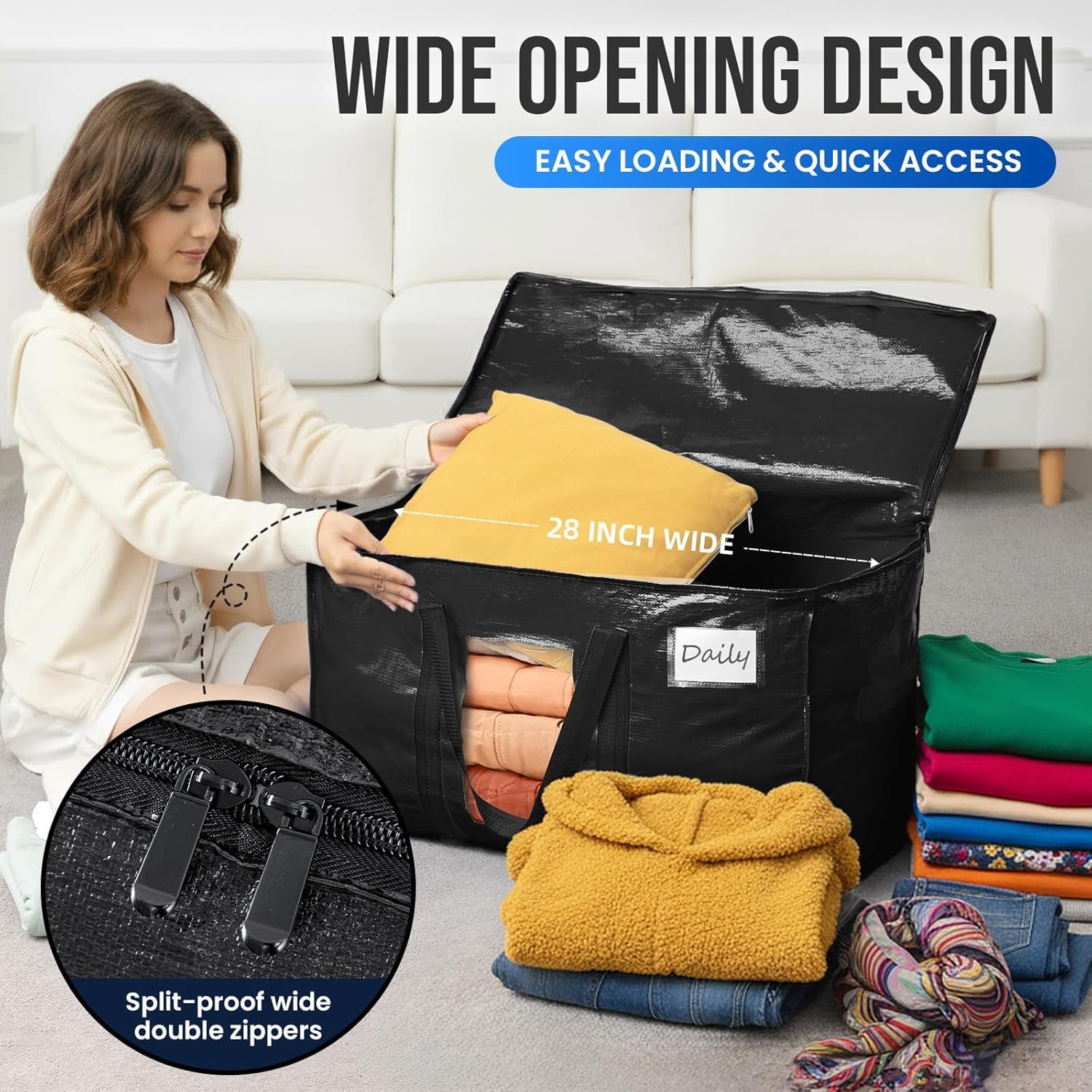 TAILI Moving Bags Extra Large Heavy Duty 4 Pack Storage Bags with Zips, Clear Window & Reinforced Handles, Black Storage Bags with Lid for Clothes,Moving,Travel,Beddings,Duvets - Image 2
