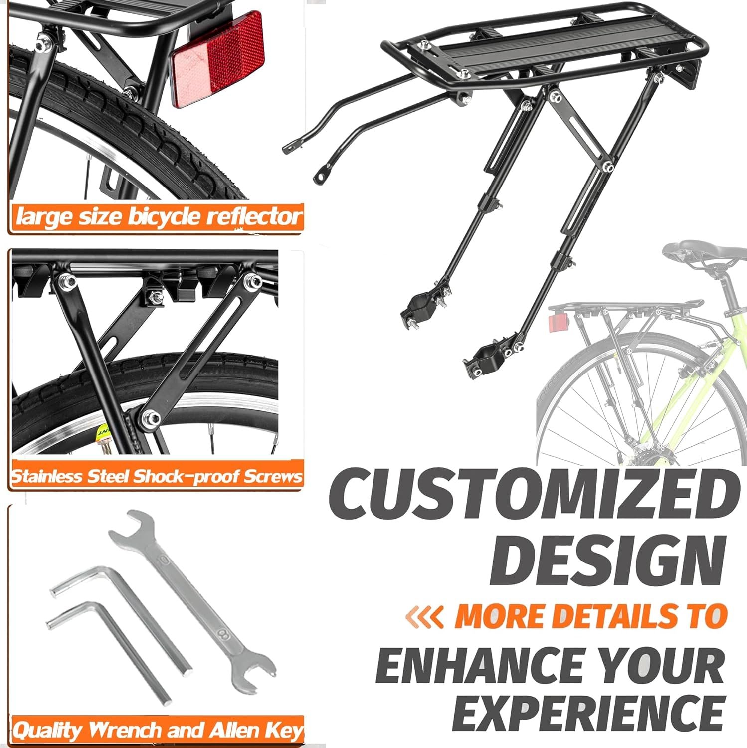 Rear Bike Rack with Large Size Reflective,Bike Cargo Rack with Extra Long Mounting Brackets,Universal Adjustable Touring Carrier Rack,Large Capacity Bike Pannier Rack - Image 4
