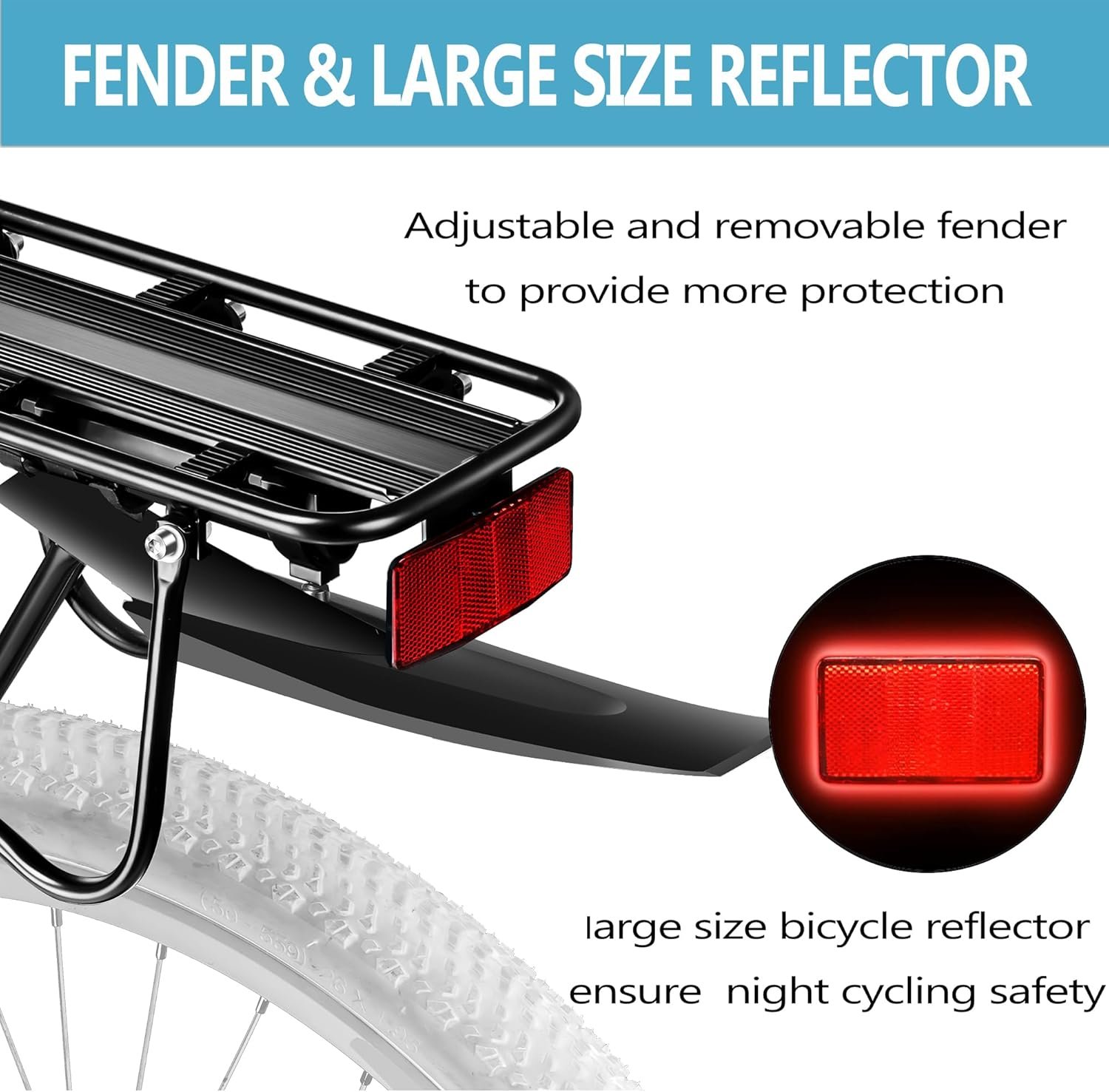 Pannier Rack, Cycle Touring Carrier 50KG Capacity, Bike Rear Luggage Rack w/Fender & Reflector, Quick Release Universal Bicycle Rack for Mountain & Road Bike - Image 2