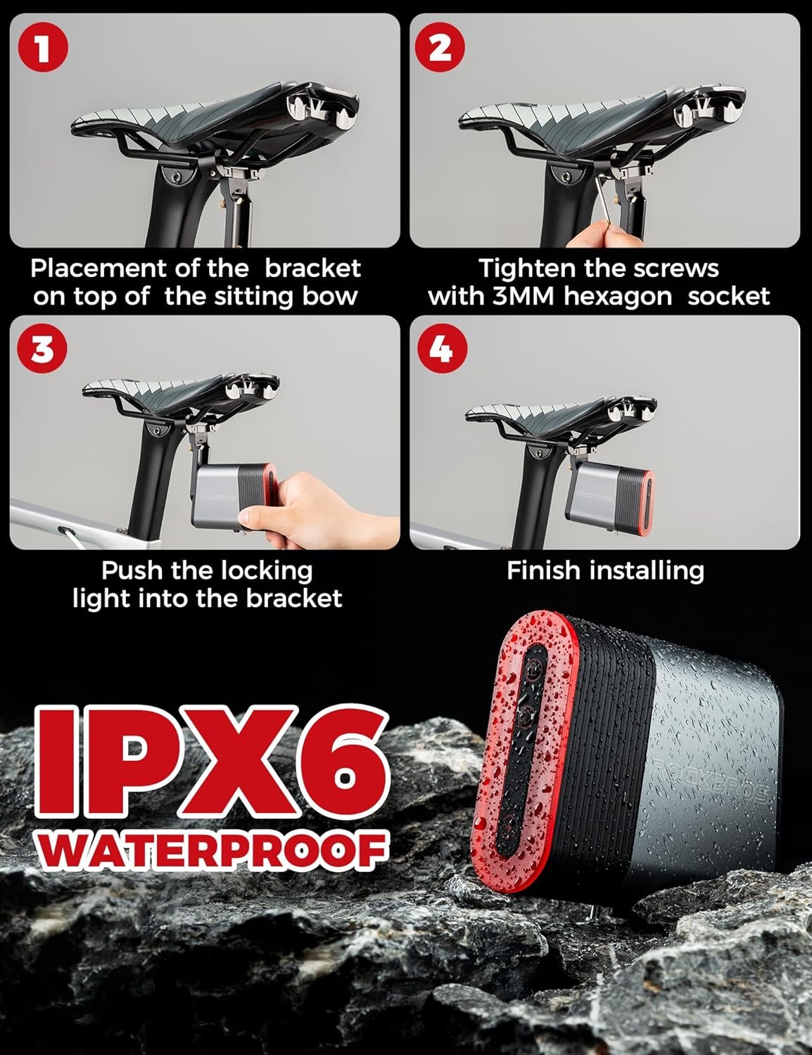 ROCKBROS Bike Tail Light Rear Bike Light Lock Waterproof and Rechargeable, Lock 2-in-1 Bluetooth Bike Taillight & Lock, for MTB, Gravel, Ebike and Road - Image 7