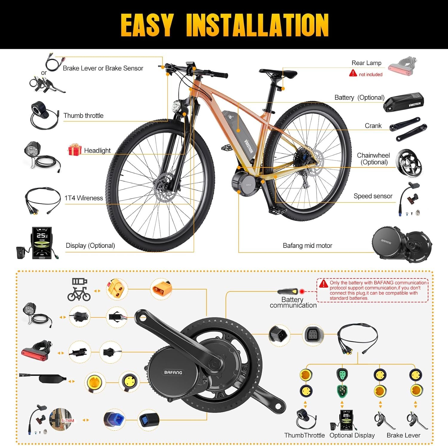 BAFANG Mid Drive Ebike Conversion Kit, BBS01B BBS02B BBS-HD 36V 48V 52V Mid Drive Motor Kit with Optional Battery & Display, DIY Electric Bike Conversion for BB 68-73/100 /120MM - Image 8