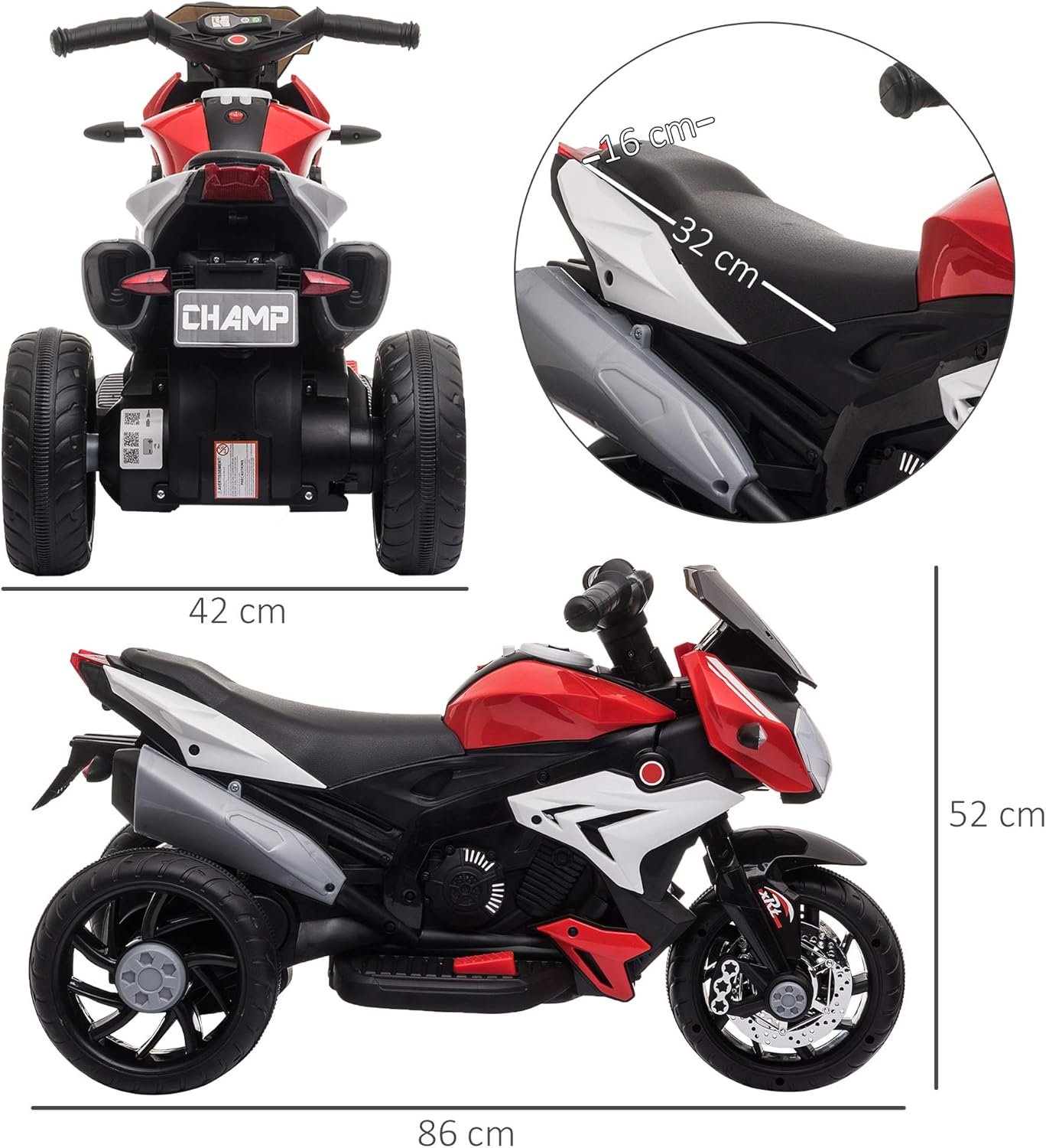 HOMCOM Kids 6V Electric Ride On Motorcycle Electric Motorbike w/Lights Music Horn 3 Wheel Outdoor Play Toy for 3-5 Years, Red - Image 7
