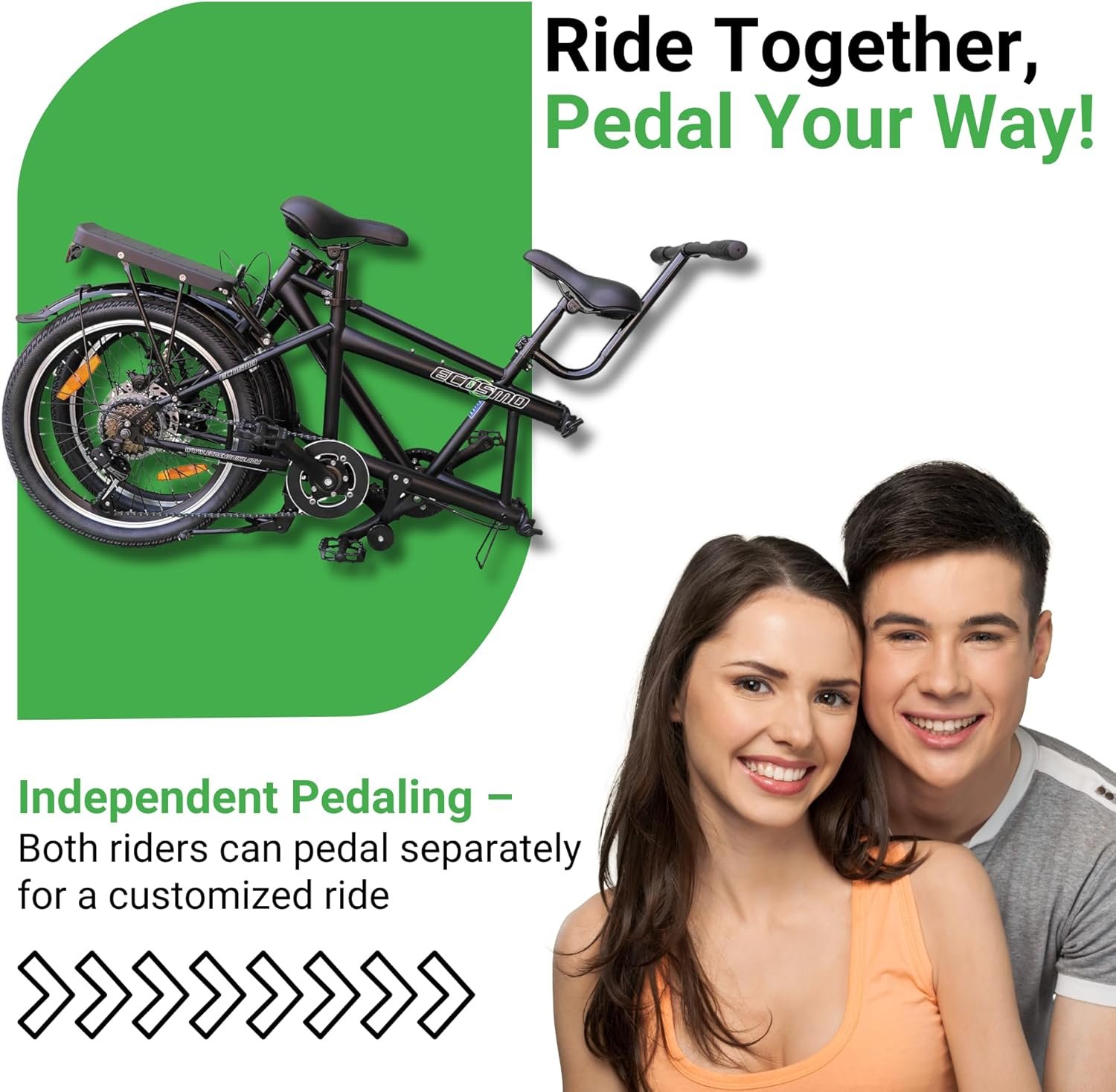 ECOSMO 20" New Folding City Tandem Bicycle Bike,7 Speeds, Dual Disc Brakes, Free Front Bag & Rear rack- 20TF01BL - Image 6