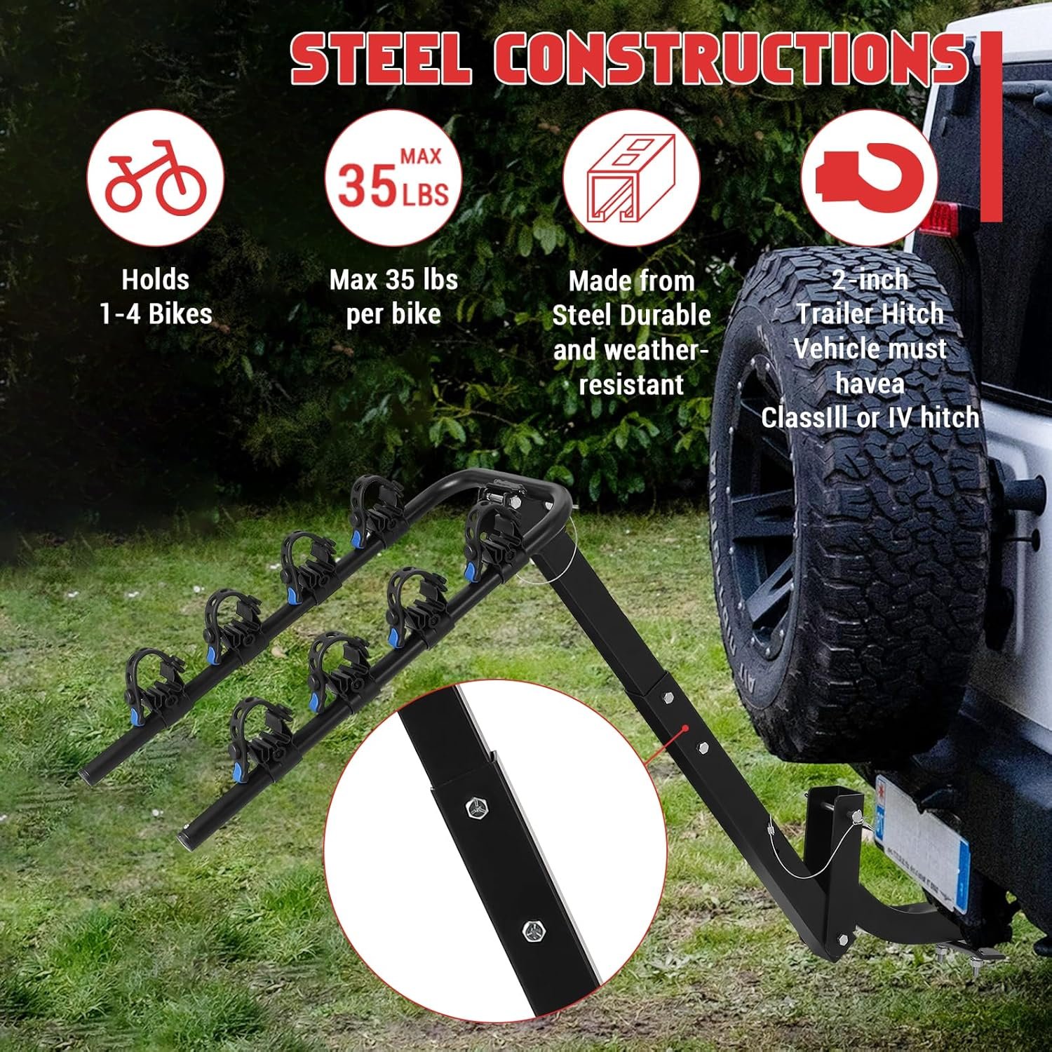 Car Bike Rack, Tow Bar Mounted Bike Carrier for 4 Bikes – Steel Bicycle Rack with Anti-Wobble Lock System, Hitch Tightener & Safety Straps, Easy Assembly for Cars, SUVs, MPVs & Vans – Black - Image 5