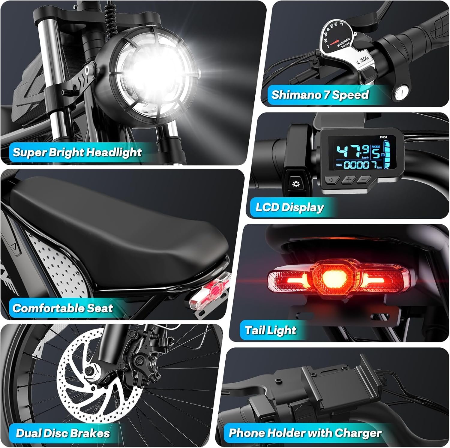YVY Electric Bike, 48V 20Ah/52V 40Ah Removable Battery, 70-180 Miles Max Range, Full Suspension Fat Tire E-Bike, 7-Speed Electric Mountain Bike, Dual Disc Brakes, LCD Display - Image 4