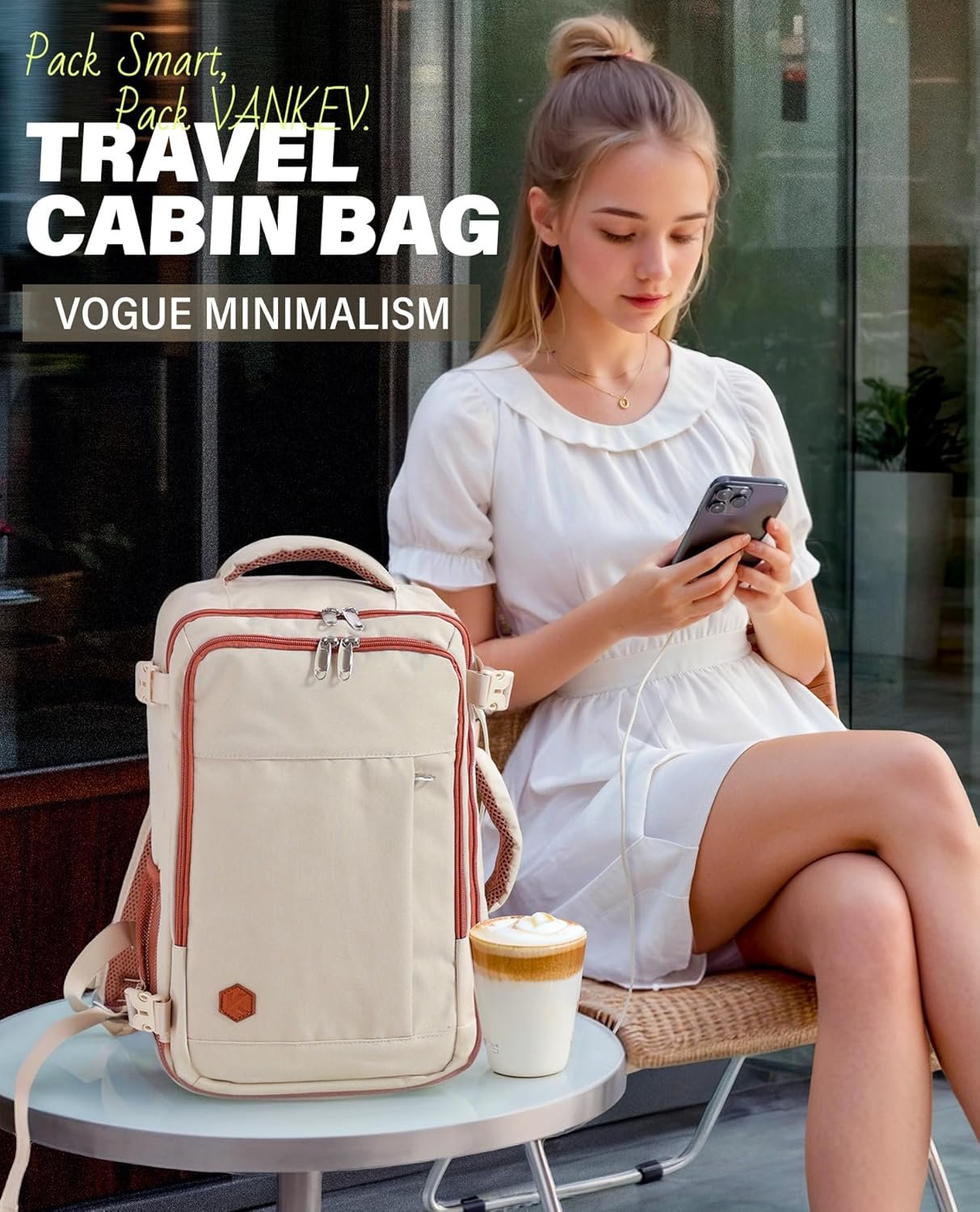 VANKEV Ryanair Cabin Bag 40x20x25 Underseat 20L Travel Bag Hand Luggage Backpack Carry-ons Bag Cabin Size Suitcases for Airplanes Flight Bag Travel Ruscksack Fit 14 Inch Laptop Beige - Image 2