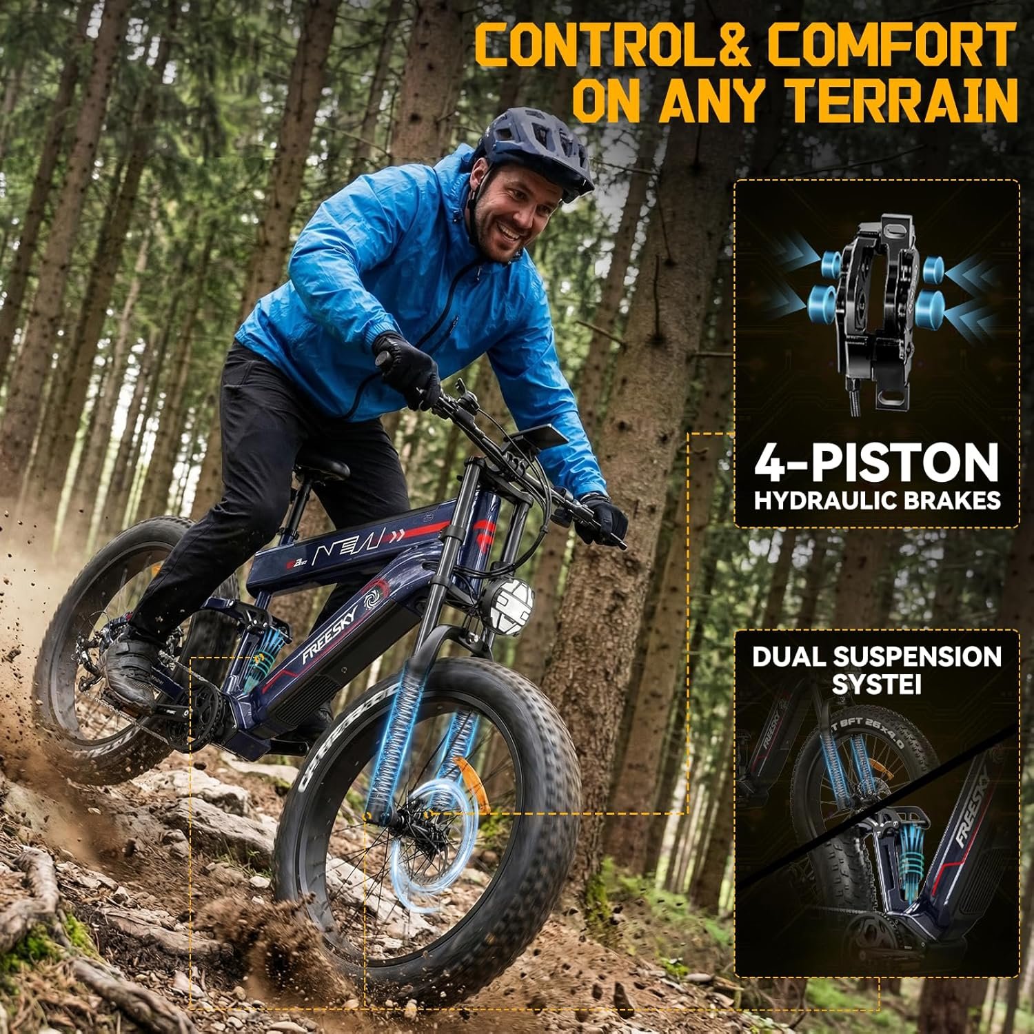 FREESKY 2026 Alaska Pro Dual Battery Electric Bike for Adults, 48V 45AH 200 Miles Long Range Dirt E Bike, 26" Fat Tire Fast Mountain EBike, Full Suspension & Hydraulic Brakes UL 2849 Certified by TÜV - Image 4