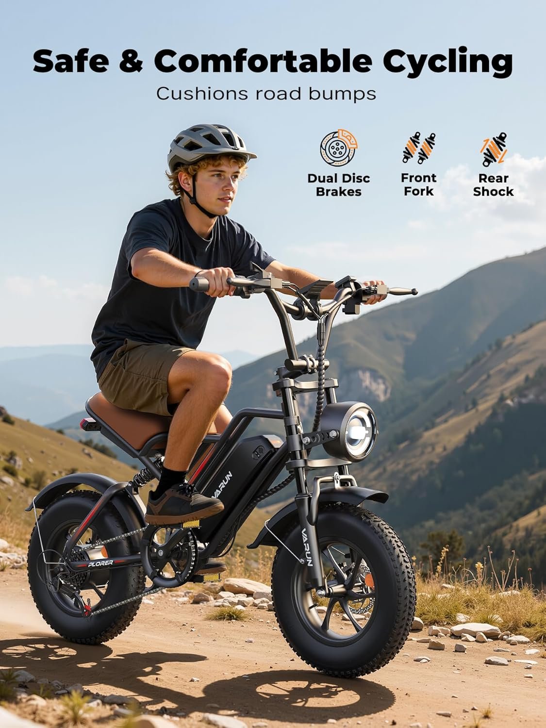 VARUN Electric Bike, Max 100KM EBike, 48V 13Ah Removable Battery, All-Terrain Electric bicycle, 5 PAS LCD Display, Dual Suspension, LED Indicators, 16" x 4.0 Fat Tire for Teens & Adults - Image 5