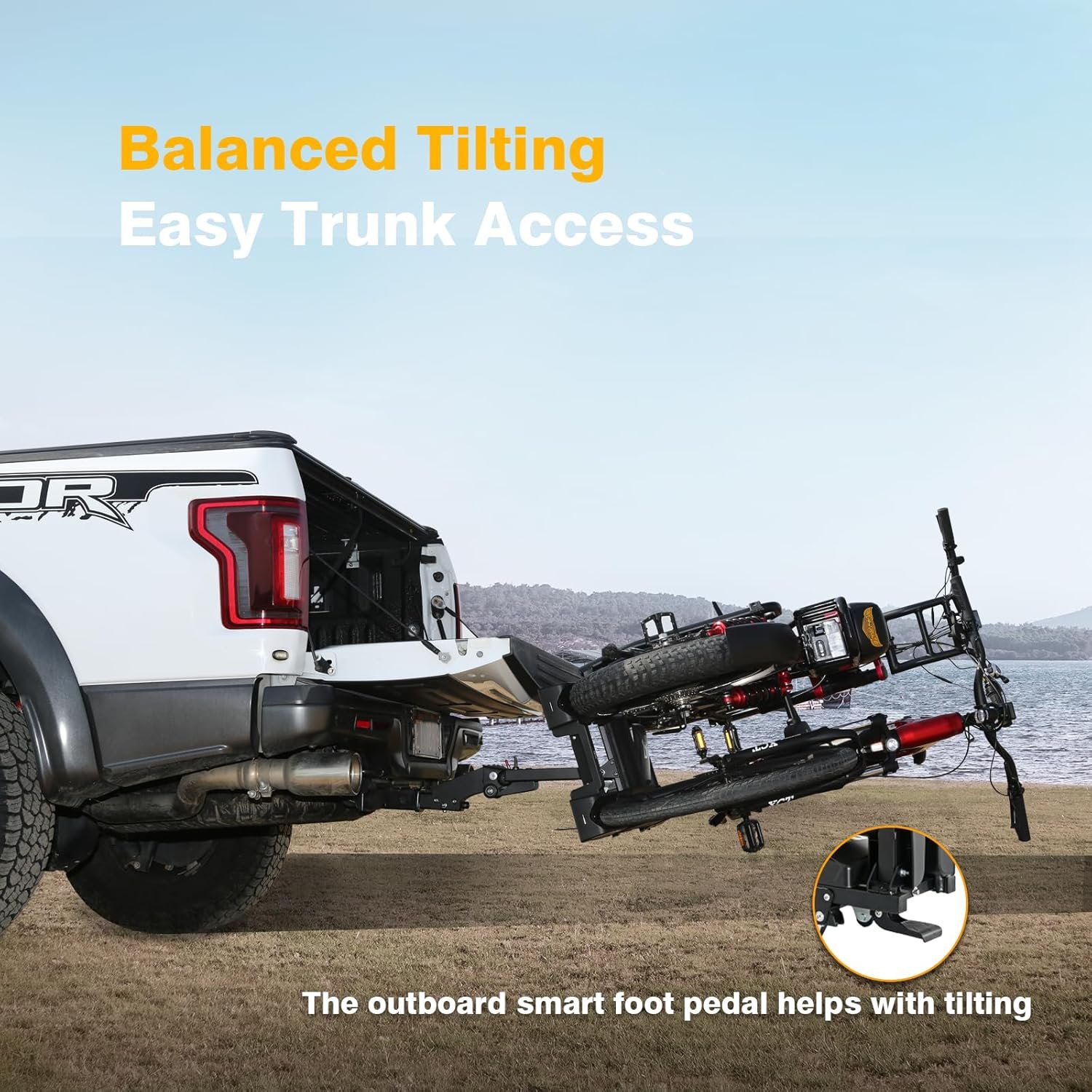 Eco Pro Upgraded 200lbs EBike Rack with Ramp for 2 E-Bikes, Hitch EBike Rack for Cars SUVs Trucks, Foldable Tilting Bike Rack Platform for Tow Hitch 2" Receiver, E-Bike Carrier Fits up to 5" Fat Tire - Image 5