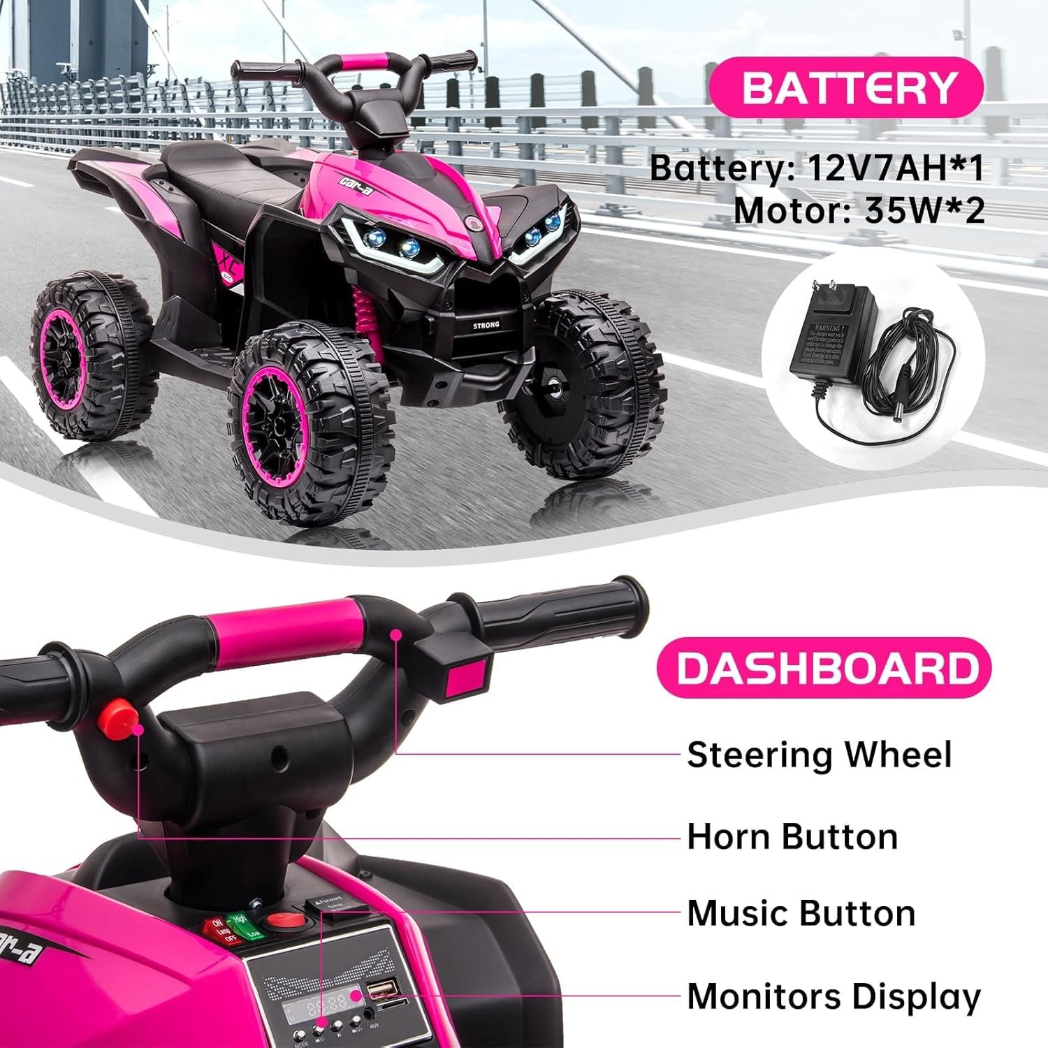 12V Kids Electric Quad Bike with Remote Control, 35W Motor & Metal Body, Ride on ATV Electric Vehicle Toy Car with Music, LED Lights, Horn for Boys Girls Ages 3-8 (83 x 53 x 56 cm) - Image 4
