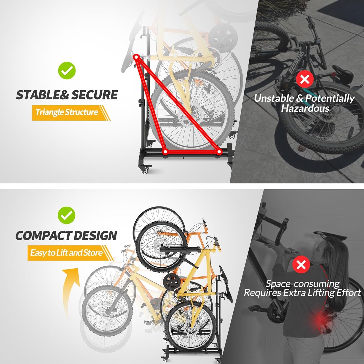 Vertical Bike Stands (2 Pack), Floor Standing Bike Rack for Garage, Upright Bicycle Floor Stand Indoor Bike Holder with Adjustable Height for Garage & Flat - for Wheel Sizes up to 29 Inches - Image 5