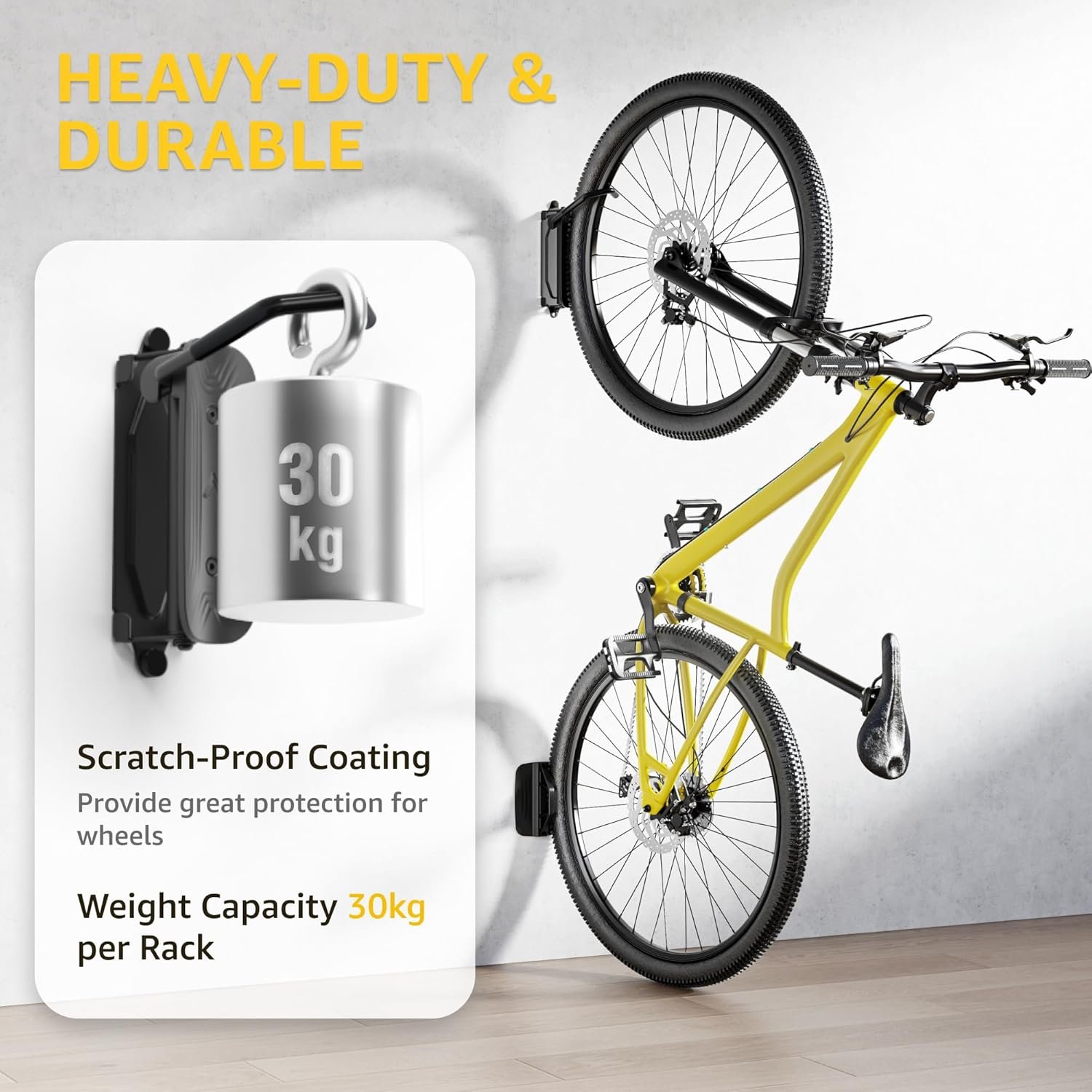 monTEK Swivel Bike Wall Mounts, 2-Pack Heavy Duty Bike Racks, Hold up to 30kg, Space-Saving Vertical Bicycle Storage for Garage, Wall-Mounted Hooks for MTB, Road & Hybrid Bikes - Image 3