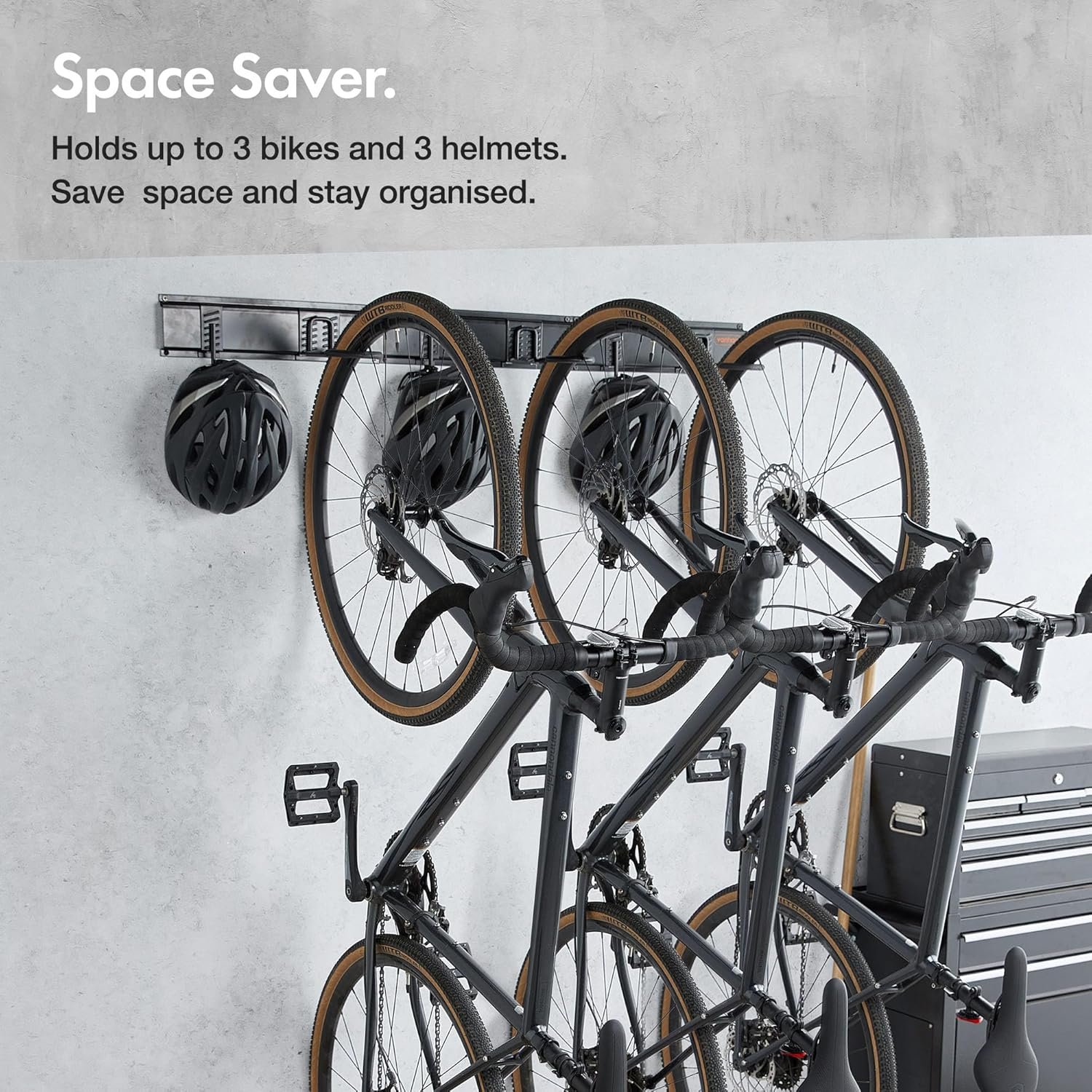 VonHaus Bike Wall Mounts - Space Saving Rack For Garage, Holds 3x Bike and 3x Helmet - Vertical Wall Mounted Rack for Mountain or Road Bicycle- Premium Quality Cycling Storage Mount - Image 2