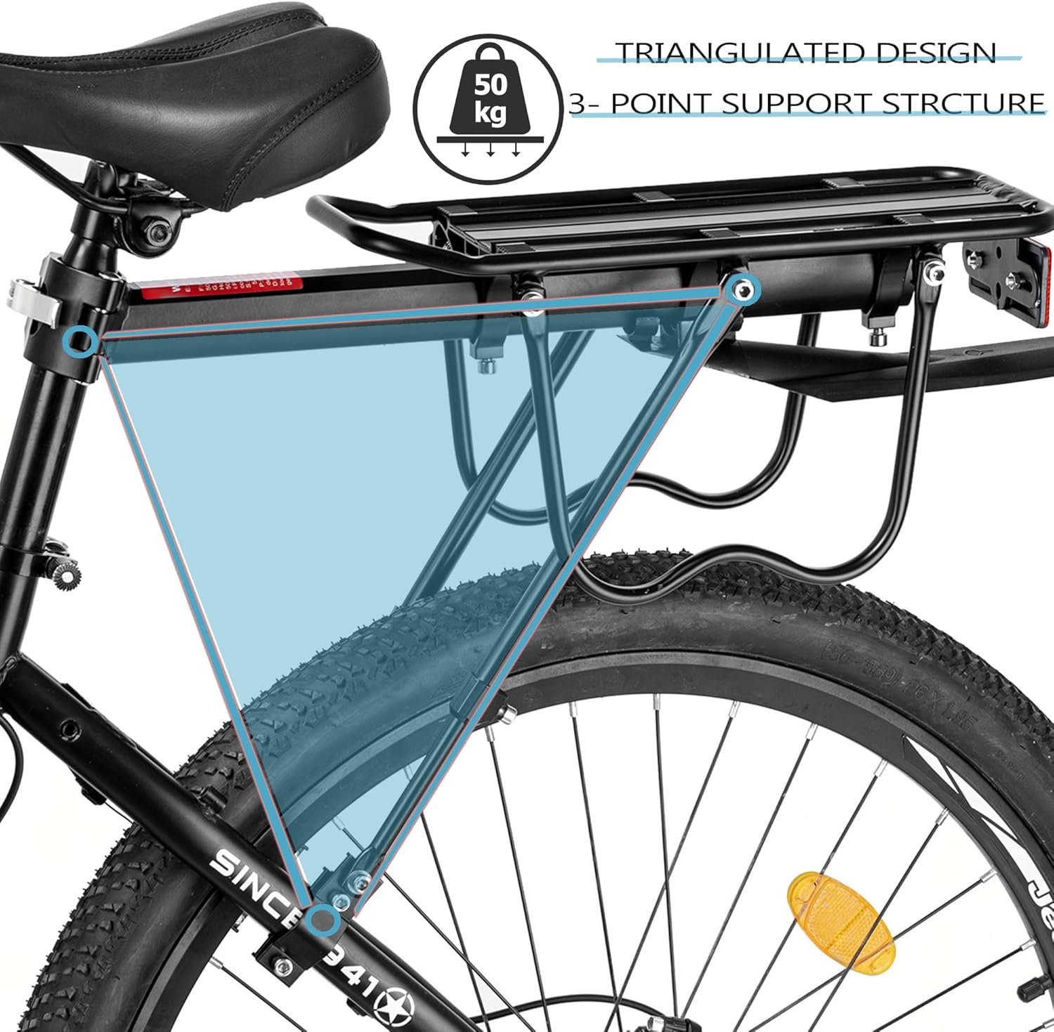 Pannier Rack, Cycle Touring Carrier 50KG Capacity, Bike Rear Luggage Rack w/Fender & Reflector, Quick Release Universal Bicycle Rack for Mountain & Road Bike - Image 4