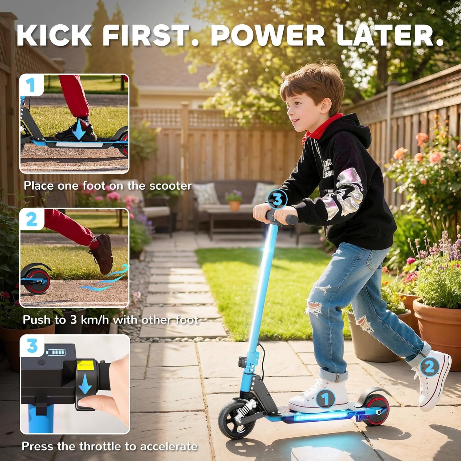 SPORTNOW Electric Scooter for Kids, Foldable Scooter for Age 6-14 with Dual Brakes, Up to 14 KM/H, Maximum Range 6 KM, 6.8kg Lightweight, Front Suspension, LED Colourful Lights - Image 3