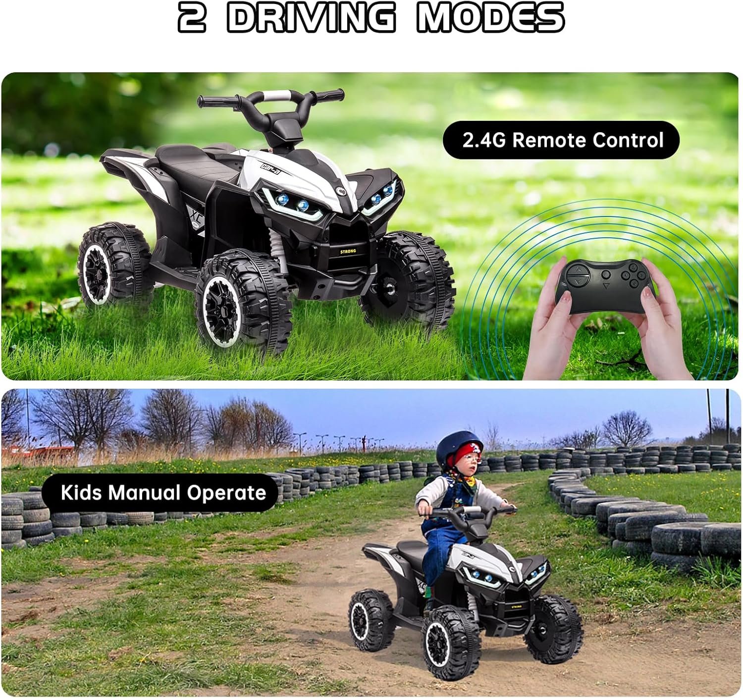 Aptliton Kids Electric Quad Bike 12V, Ride On Car ATV Toy with Remote Control, Music, LED, Horn, 2 Speed, for Ages 3-5 Years, 83 x 53 x 56 cm (White) - Image 4