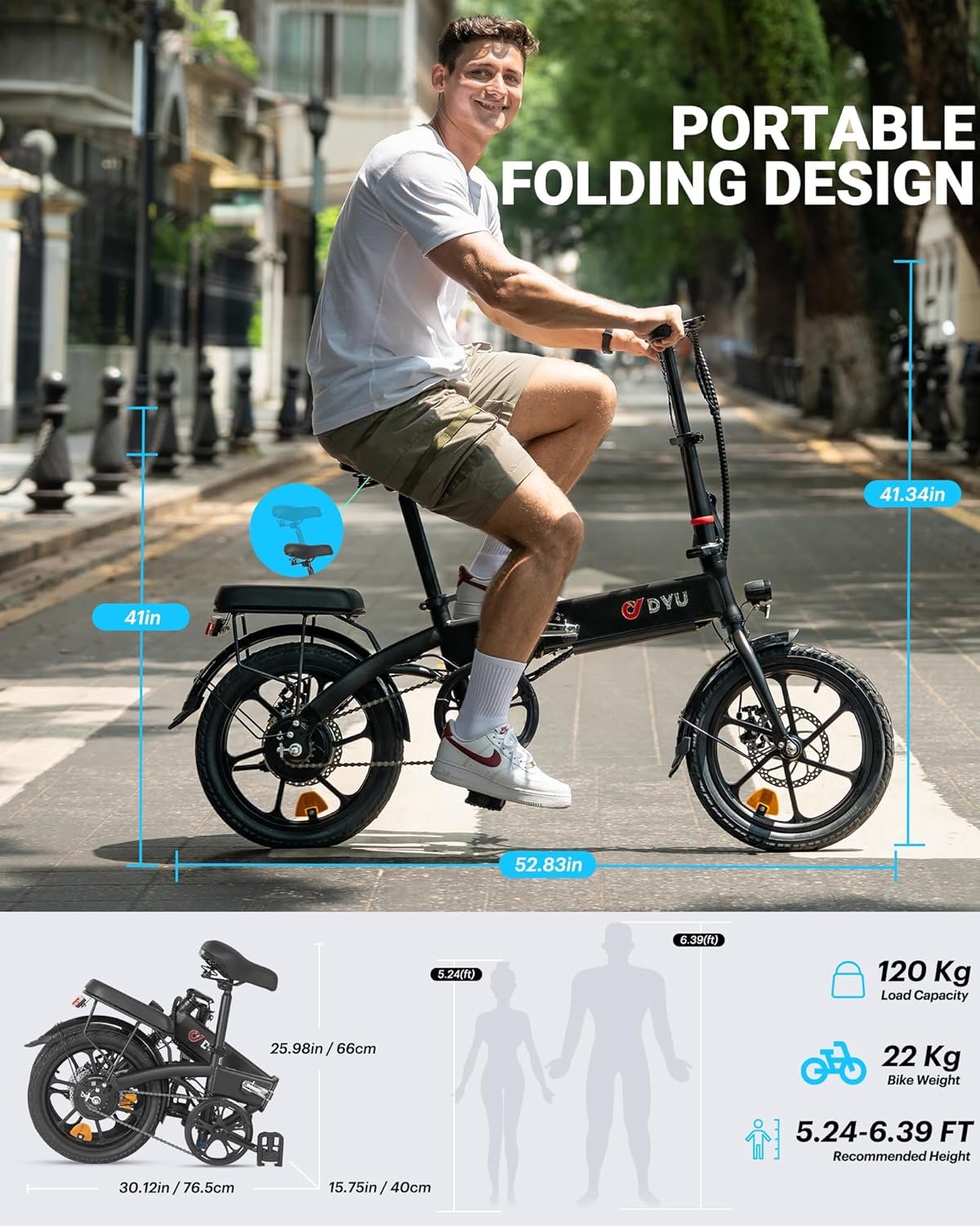 DYU 16" Folding Electric Bike, 250W Motor, 36V 7.5Ah Battery, 60KM Range, Height Adjustable, Commuter City Electric Bicycle with LED Display, Disc Brakes & Front Basket, E-Bike for Adults and Teens - Image 4