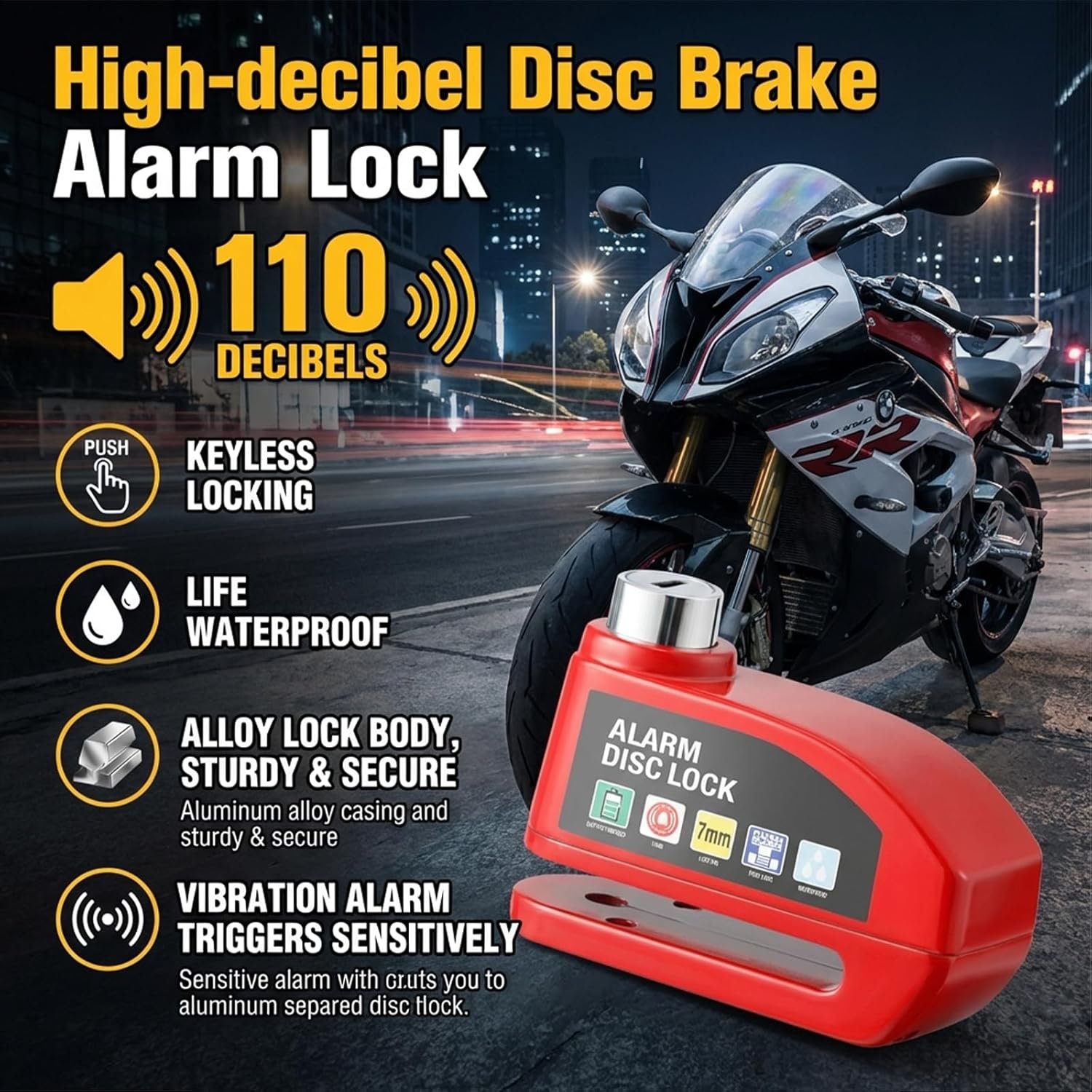 Disc Lock with Alarm, Bike Motorbike Lock, Anti-Theft Security Lock for Bicycle, Electric Bike, Scooter, 110dB Loud Alarm, Waterproof, Reminder Cable Included (Black) - Image 4