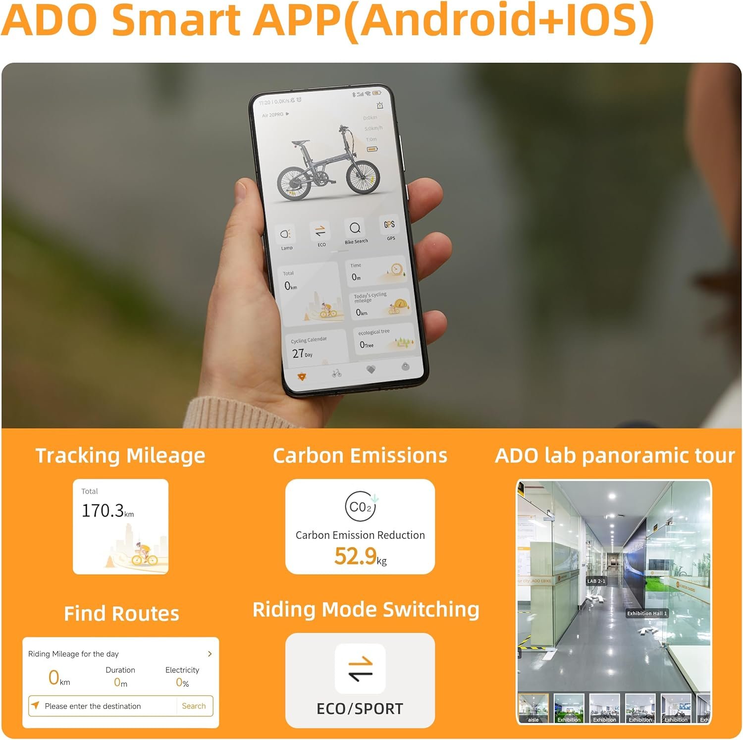 ADO Air20Pro Electric Bike Folding, EBike for Adults, 20" Folding Electric Bicycle, Belt Drive, Bafang Motor, ECO and SPORT Mode, Adjustable Shock Absorption, LCD, APP, Range Up To 100KM - Image 6